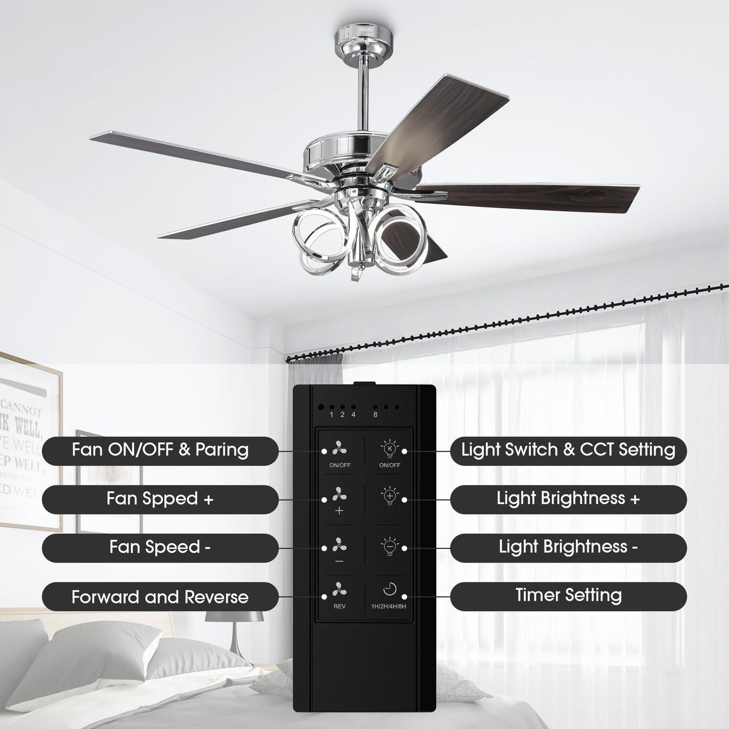 52 Inch Levi Double-sided Blades Downrod Mount LED Ceiling Fan with Remote Control