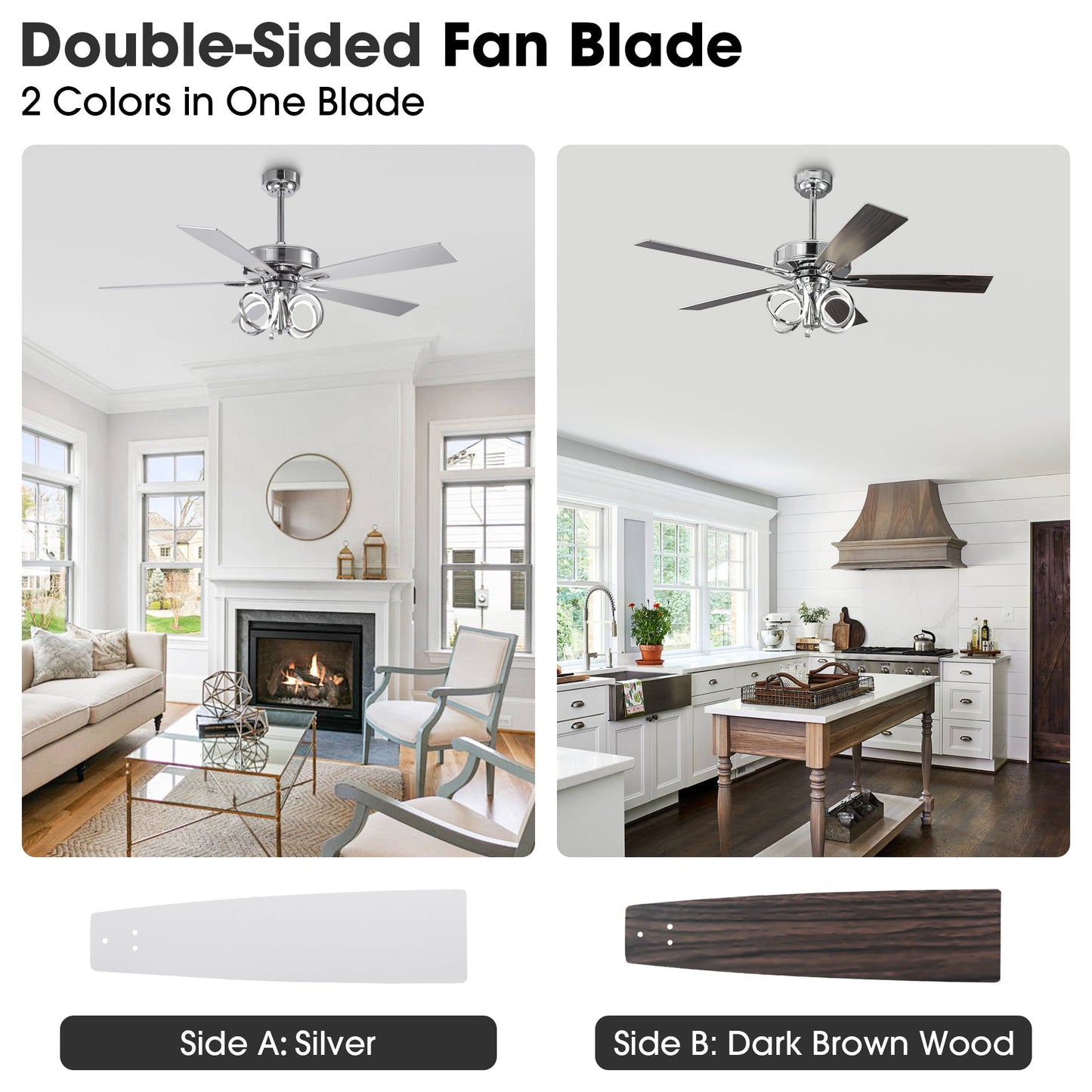 52 Inch Levi Double-sided Blades Downrod Mount LED Ceiling Fan with Remote Control