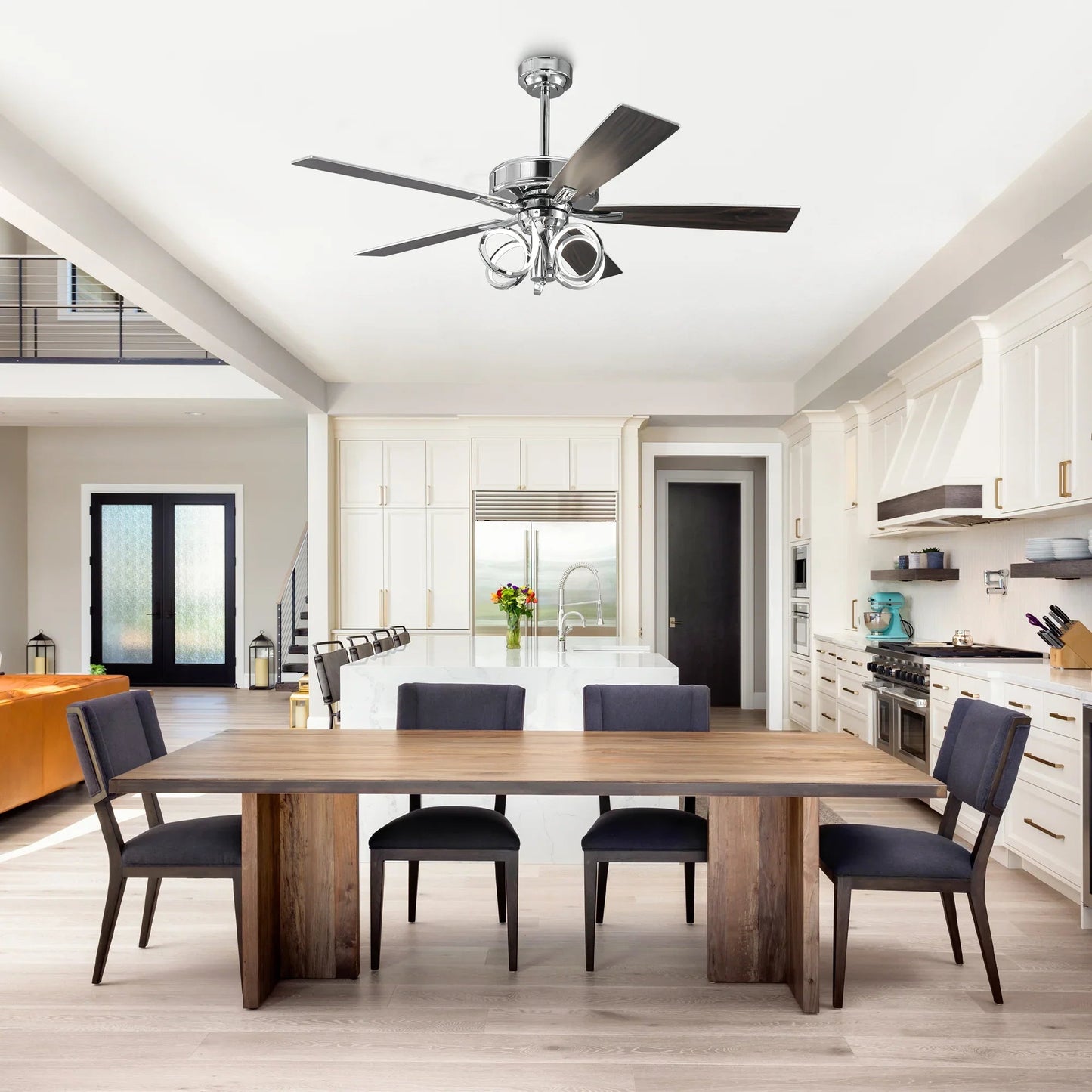 52 Inch Levi Double-sided Blades Downrod Mount LED Ceiling Fan with Remote Control