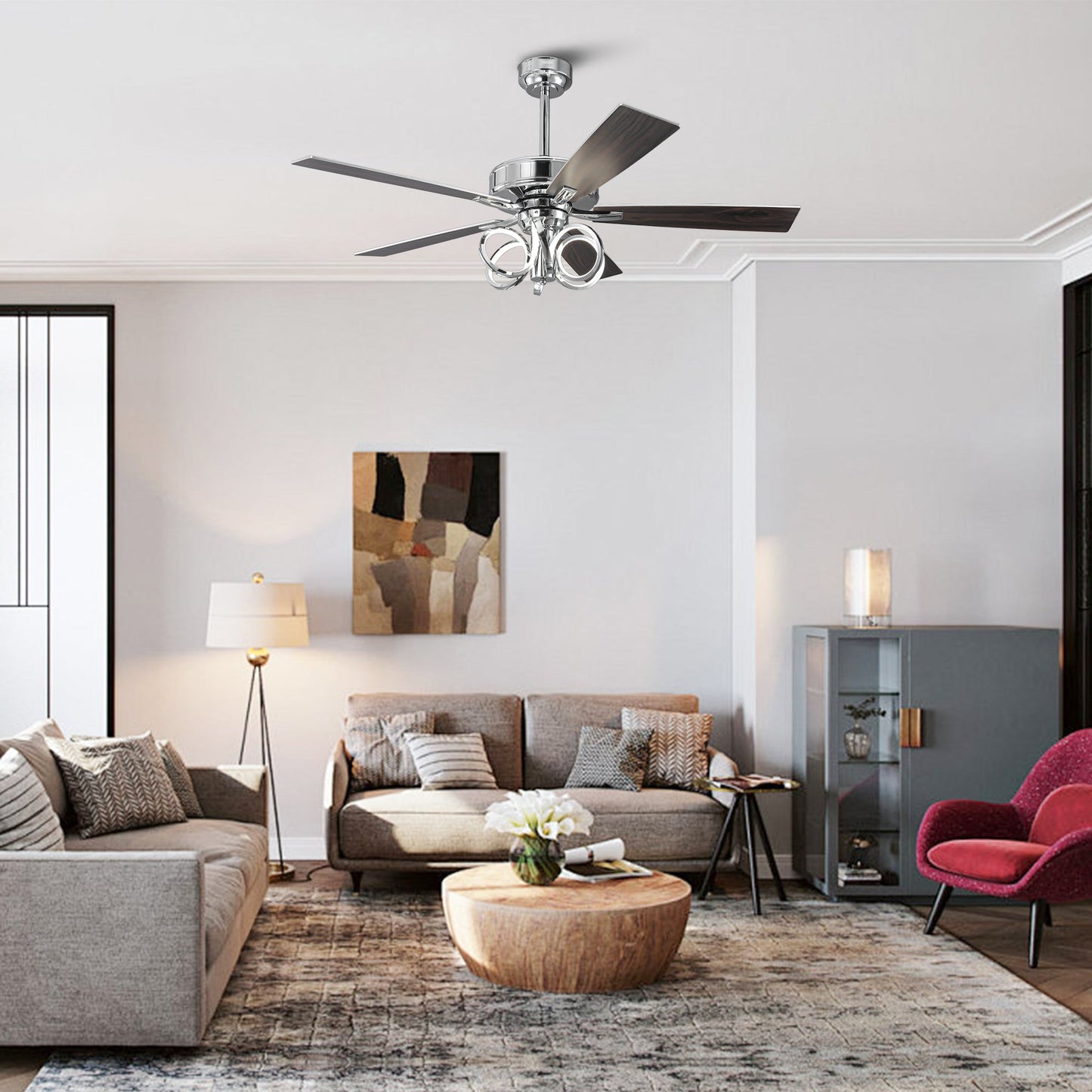 52 Inch Levi Double-sided Blades Downrod Mount LED Ceiling Fan with Remote Control