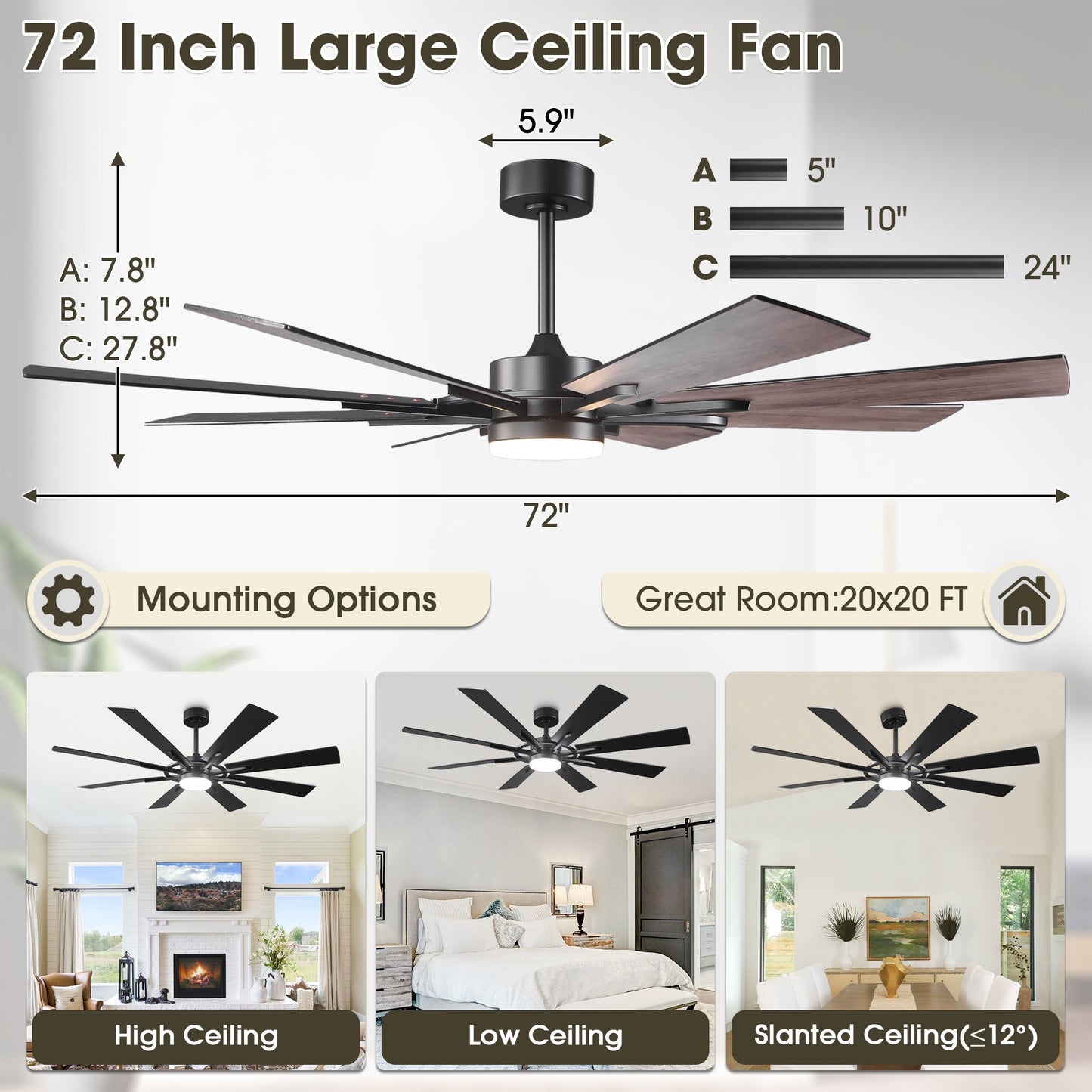 60 Inch 72 Inch Windmill Downrod Mount LED Ceiling Fan with Remote and APP Control