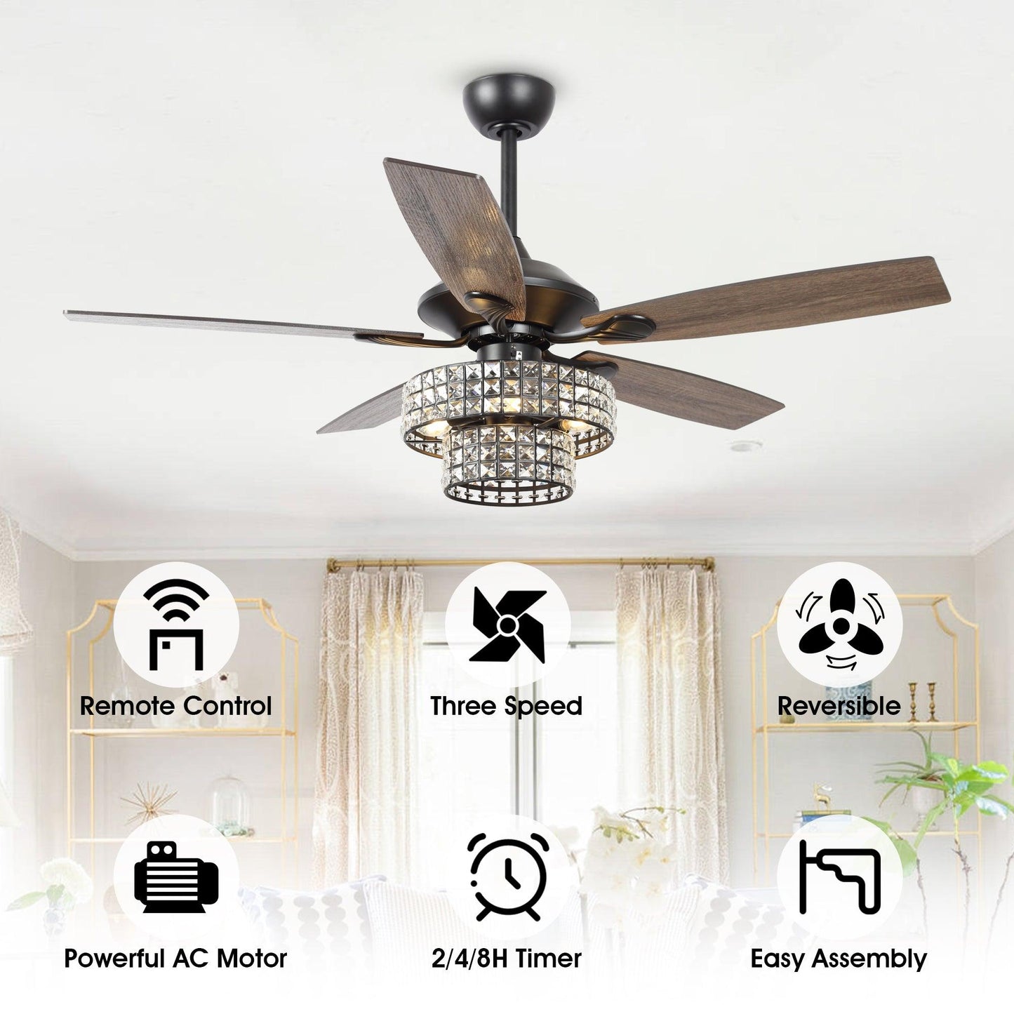 52" Nowthen Modern Crystal Chandelier Ceiling Fan With Led Light And Remote Control 5 Blades Chrome