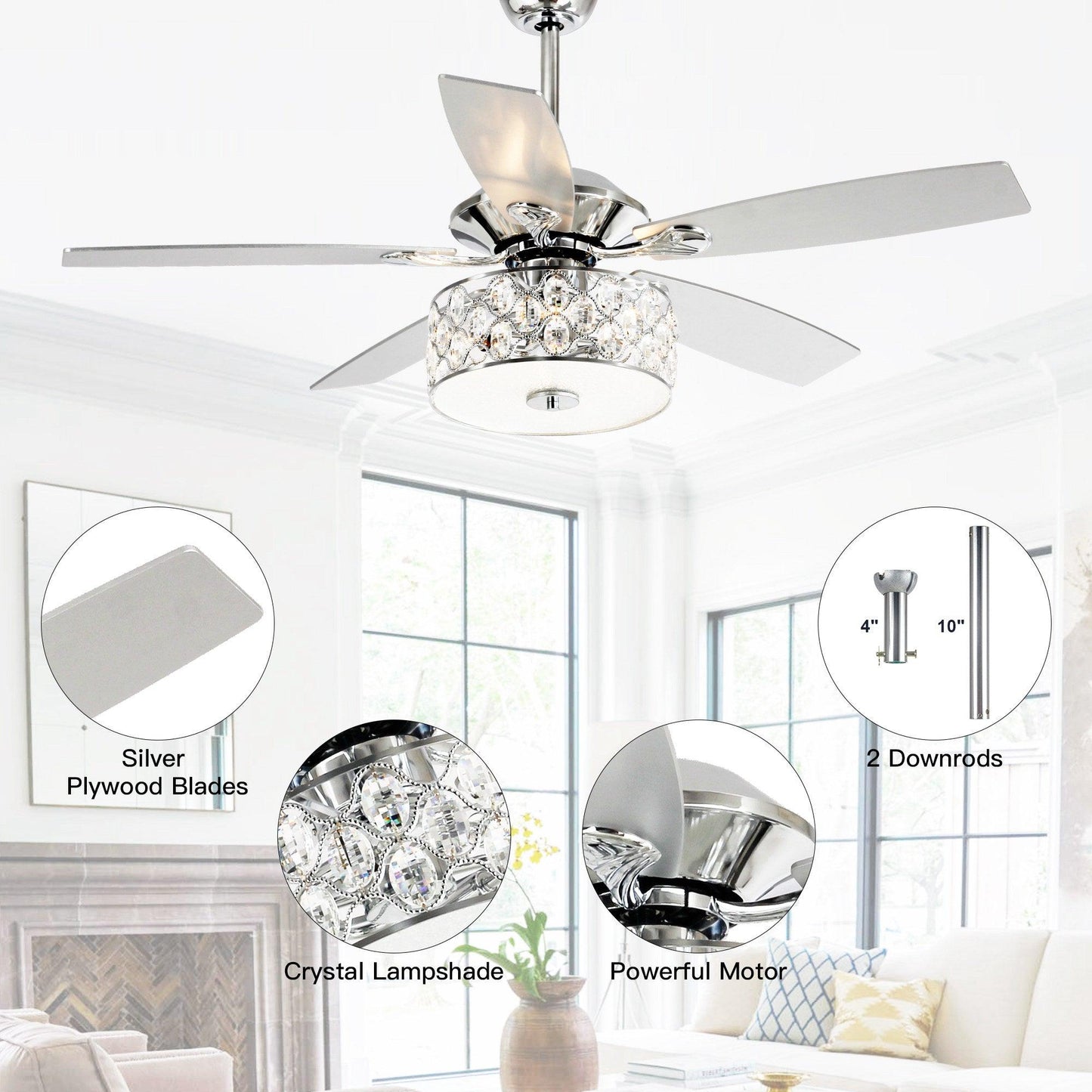52" Tibuh Modern Crystal Chandelier Ceiling Fan With Led Light And Remote Control 5 Blades Chrome