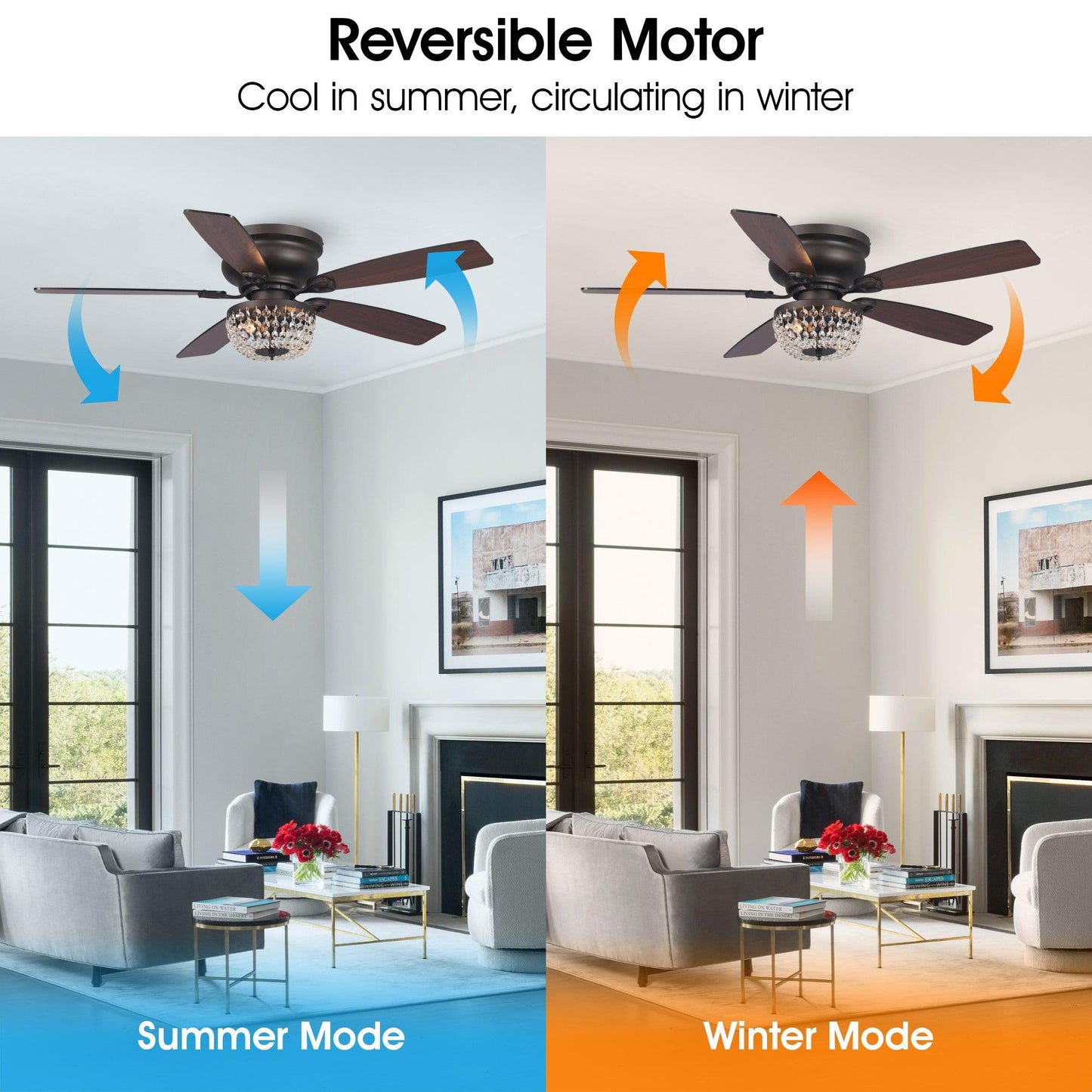 48" Modern Flush Mount Reversible Crytsal Ceiling Fan with Lighting and Remote Control