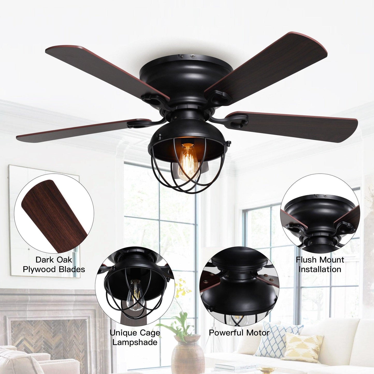42" Traditional Flush Mount Reversible Ceiling Fan with Lighting and Remote Control