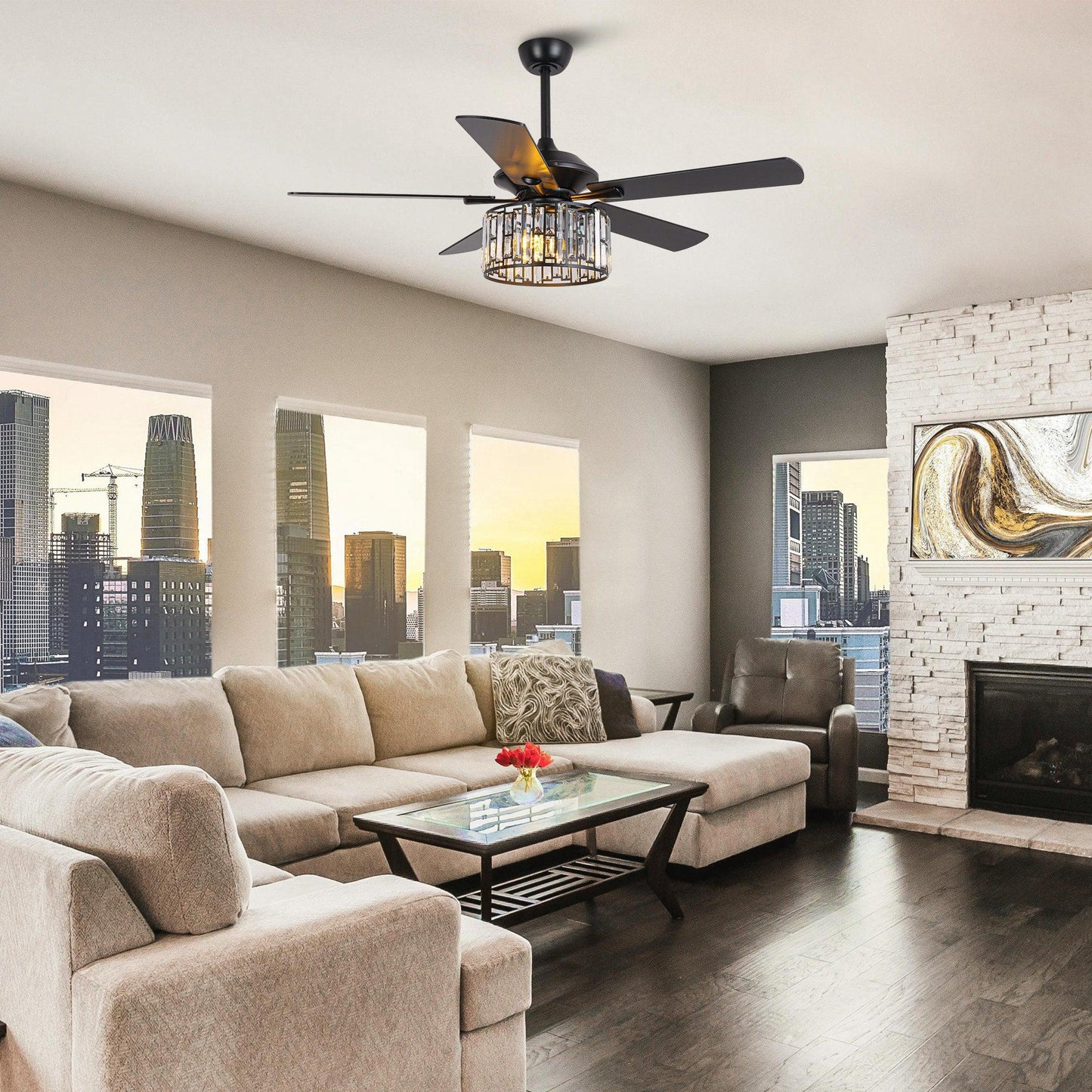 52" Dicken Modern Downrod Mount Reversible Crystal Ceiling Fan With Lighting