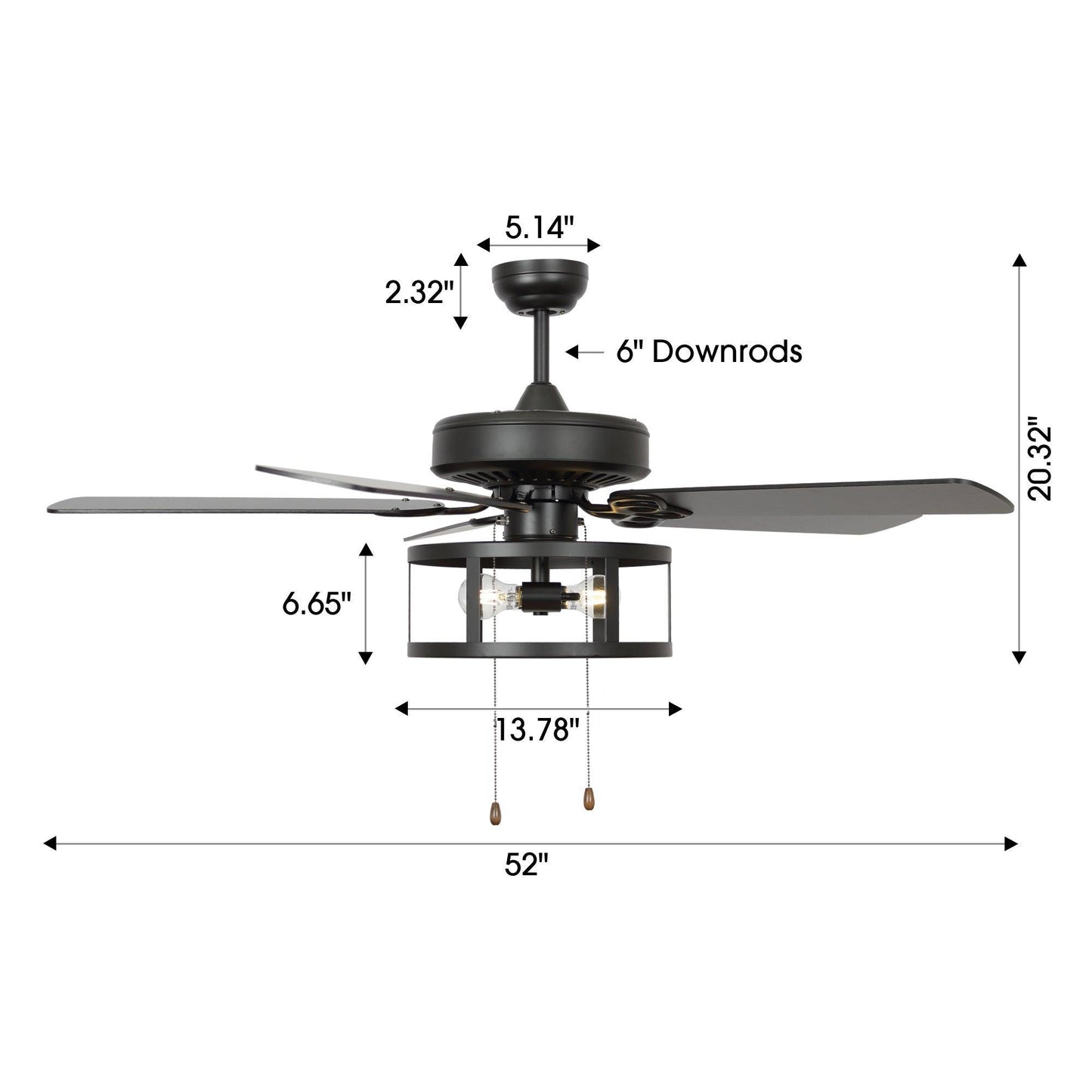 52" Urbana In Indoor Matte Black Industrial Ceiling Fan With Pull Chain And Light Kit
