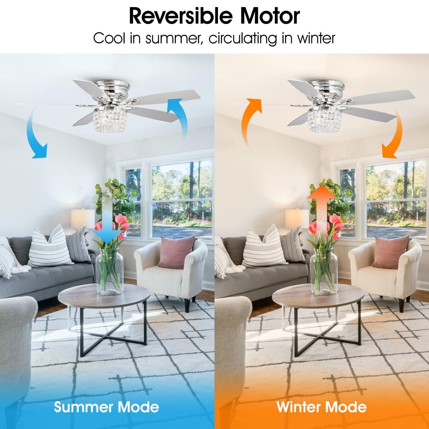 52" Panipat Modern Chrome Flush Mount Reversible Crystal Ceiling Fan with Lighting and Remote Control