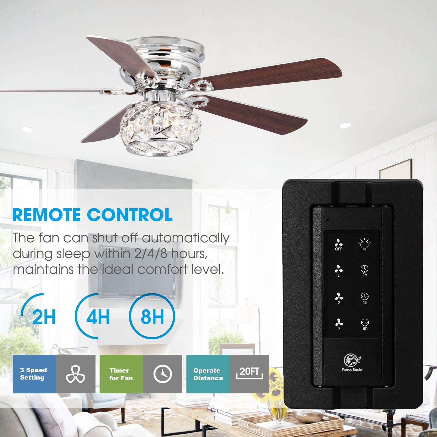 48" Modern Chrome Flush Mount Reversible Crystal Ceiling Fan with Lighting and Remote Control