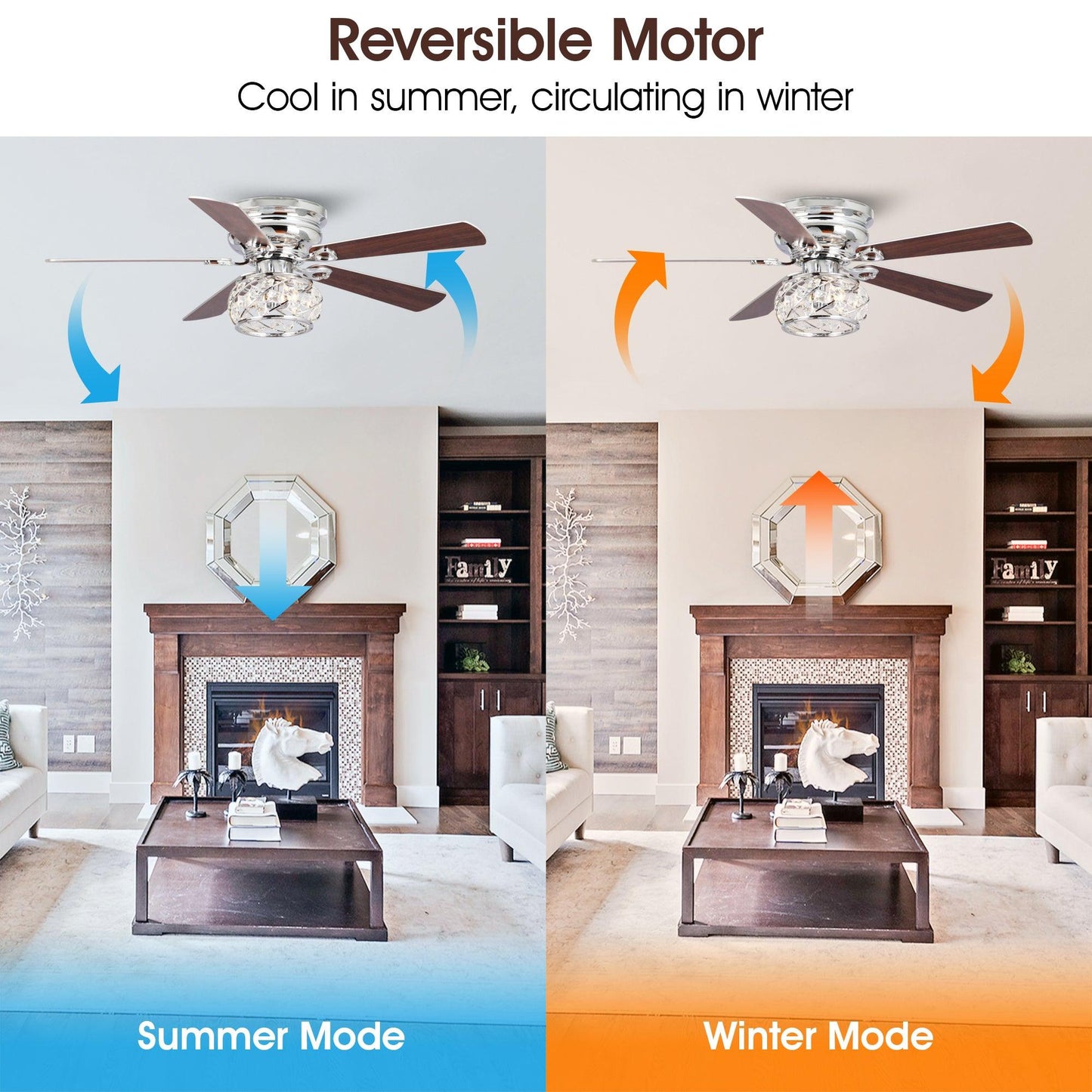 48" Modern Chrome Flush Mount Reversible Crystal Ceiling Fan with Lighting and Remote Control