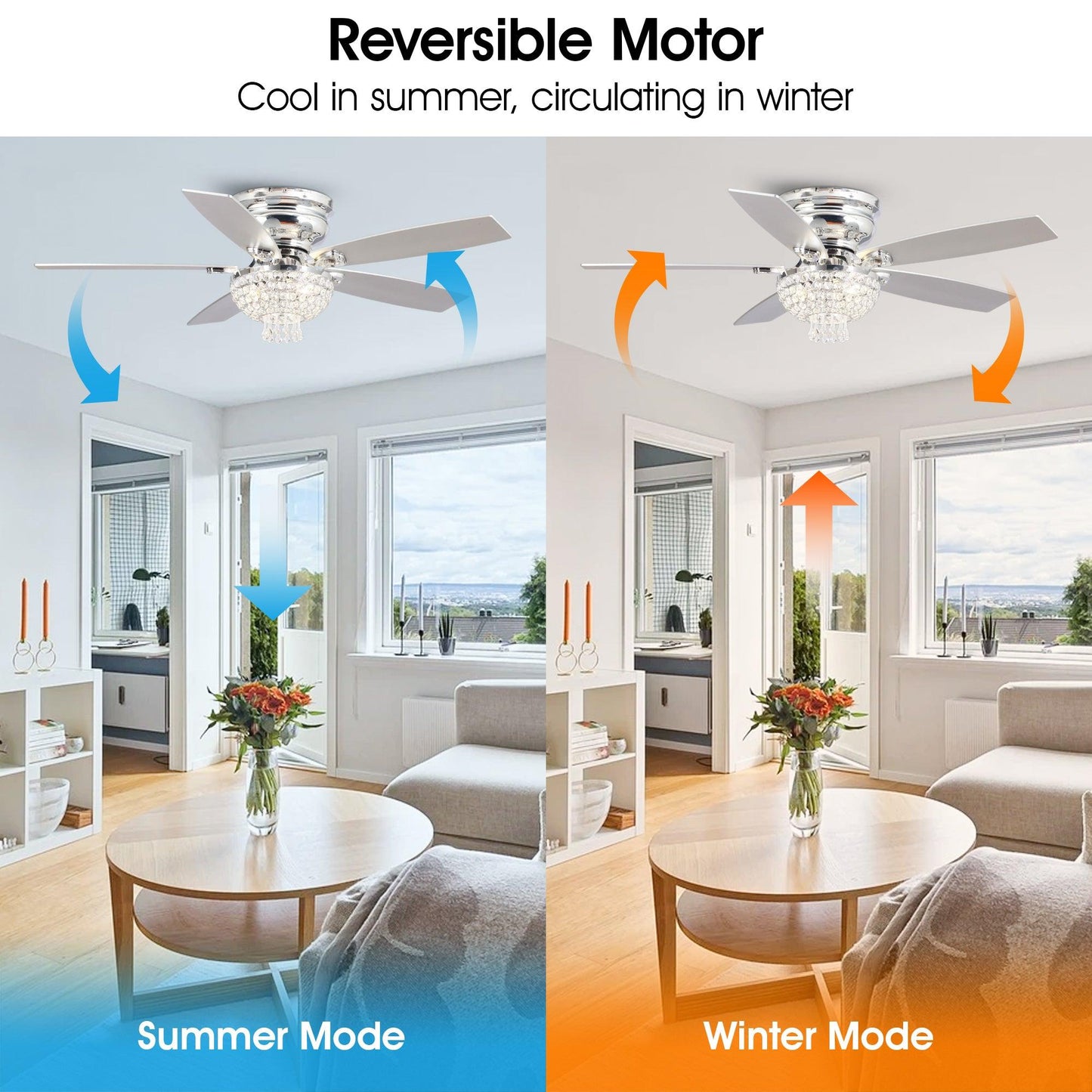 52" Modern Chrome Flush Mount Reversible Crystal Ceiling Fan With Lighting And Remote Control