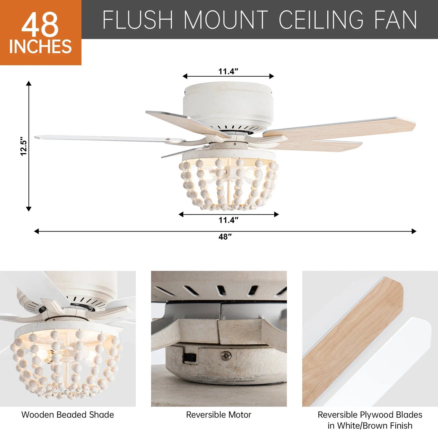 48" New Delhi Farmhouse Flush Mount Reversible Ceiling Fan with Lighting and Remote Control
