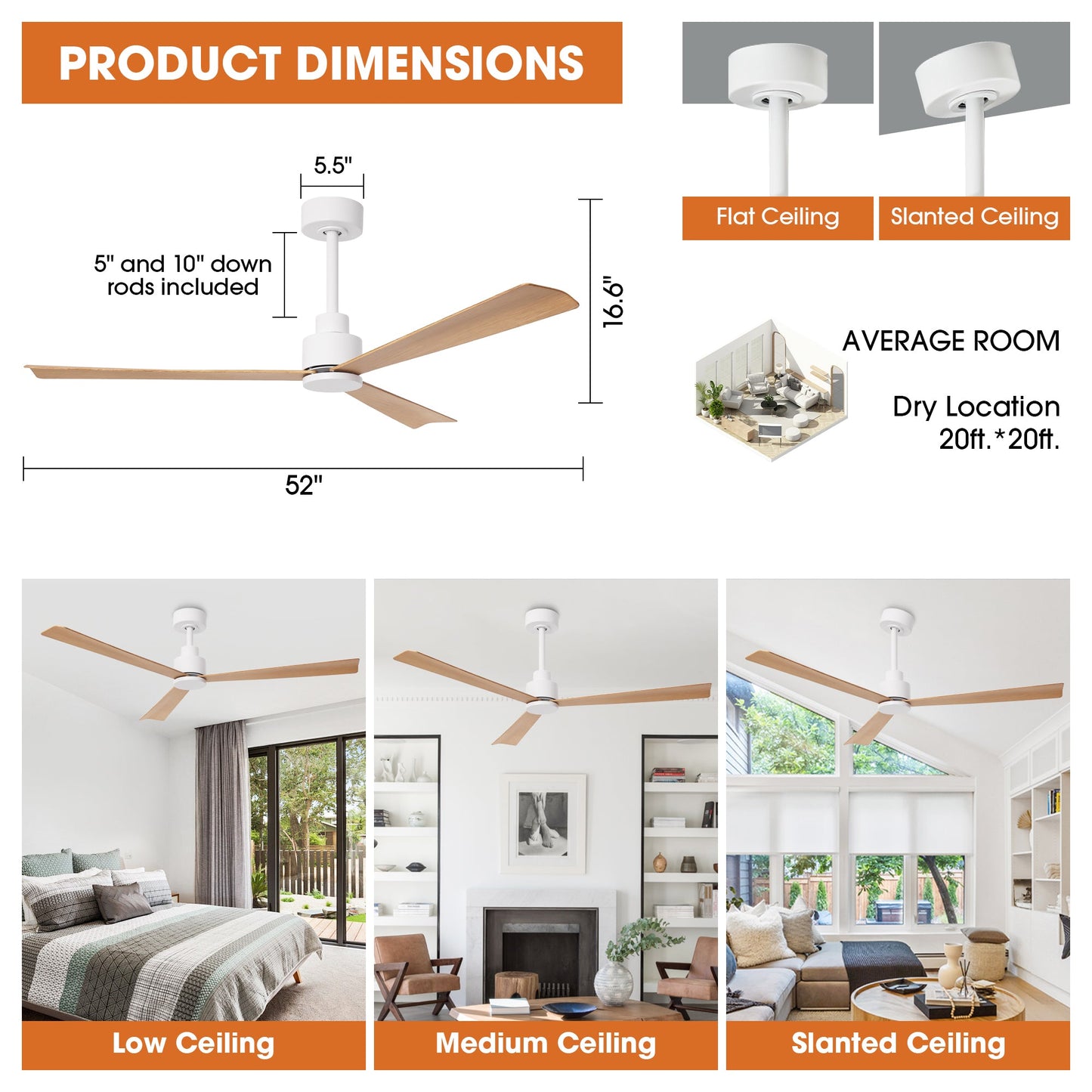 52 Inch Esther 3-Blades Modern Downrod Mount Ceiling Fan with Remote Control