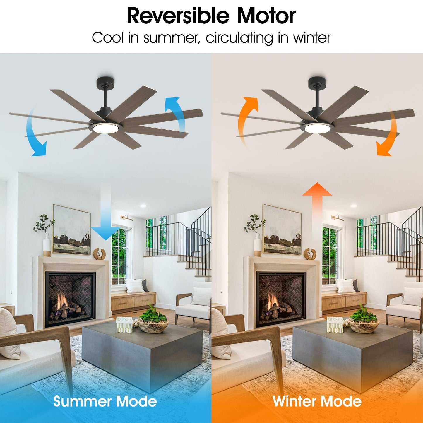 60" DC Motor 8 Blades Modern Downrod Mount Ceiling Fan with LED Light and Remote Control