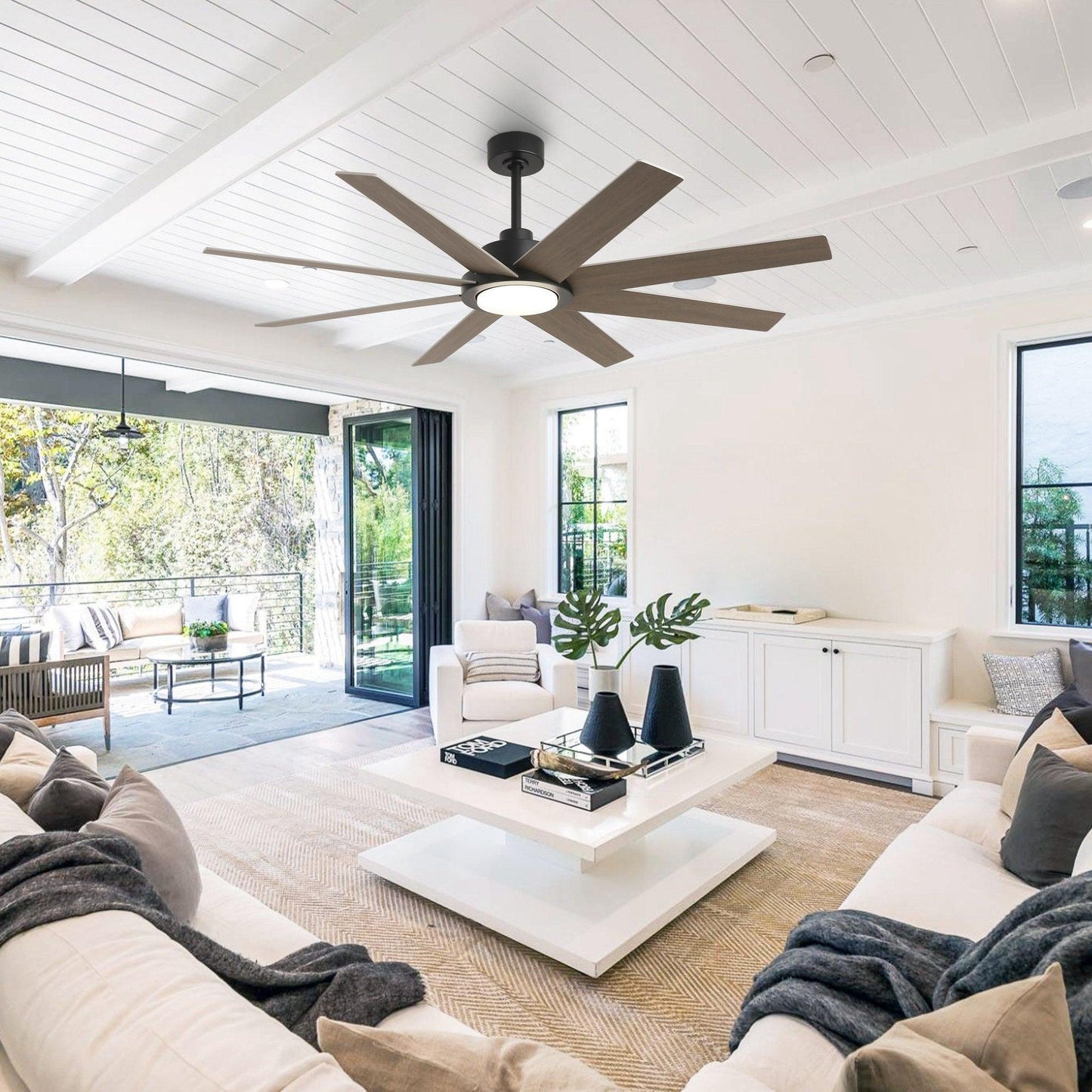 60" DC Motor 8 Blades Modern Downrod Mount Ceiling Fan with LED Light and Remote Control