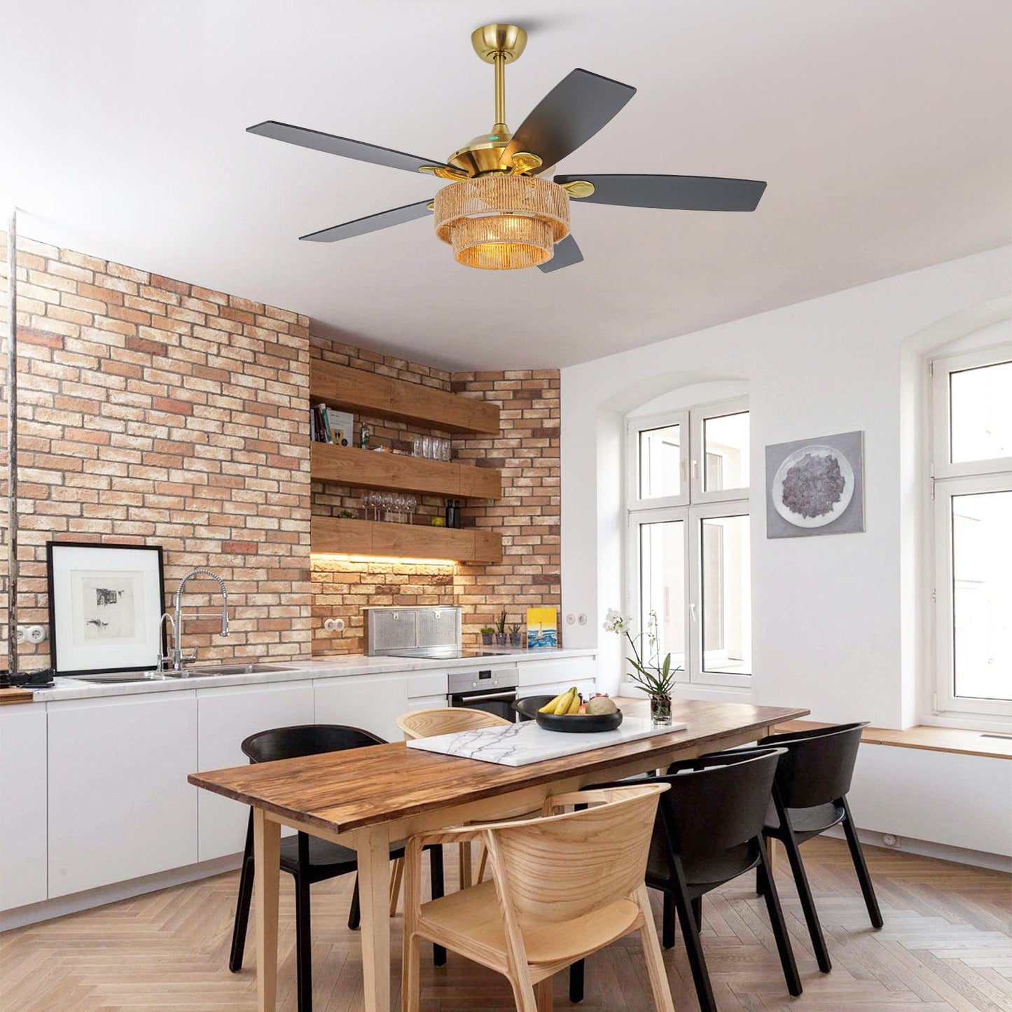 52 Inch Danube Farmhouse DC Motor Golden Downrod Ceiling Fan with Light