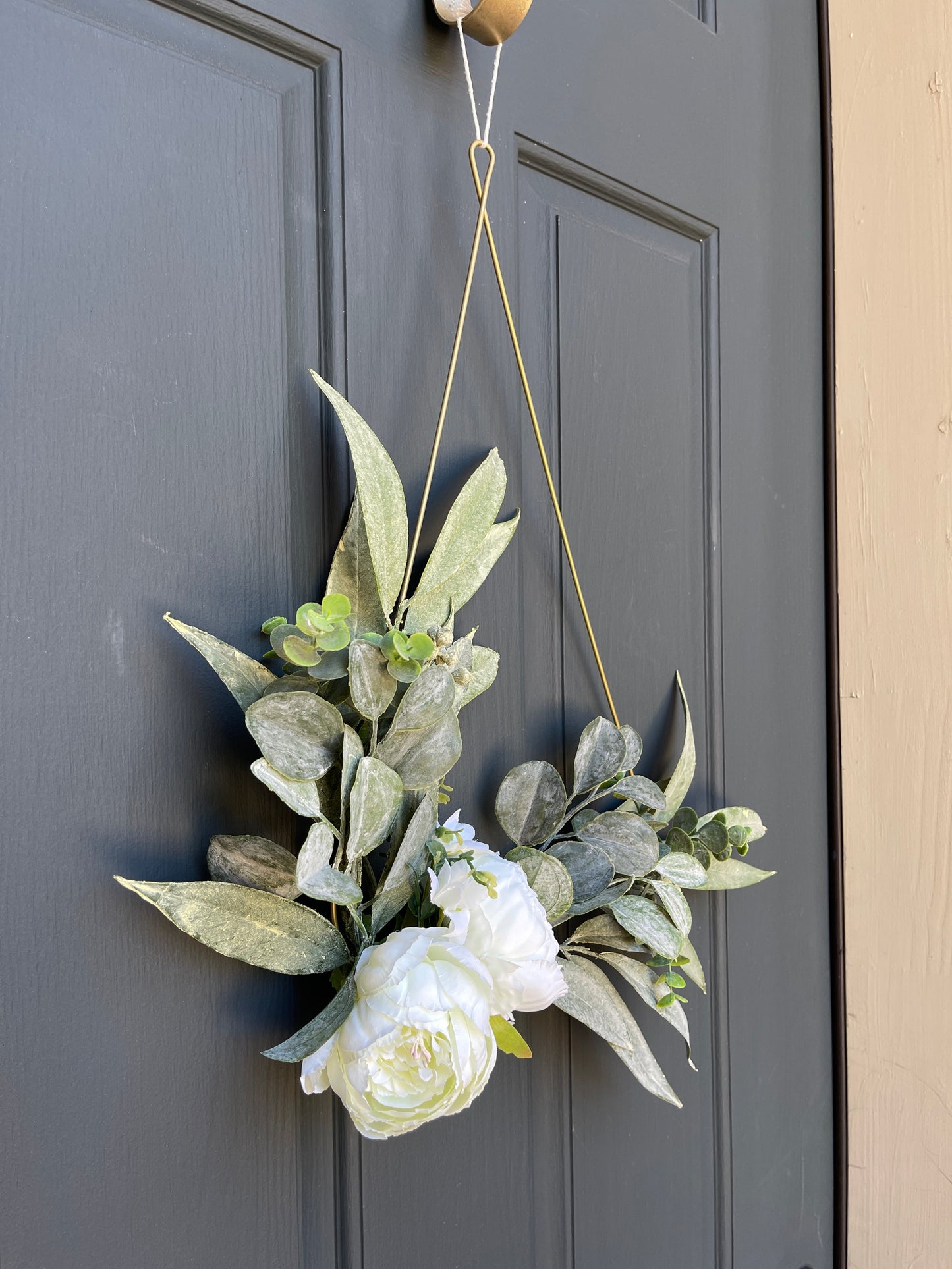 White Peony Eucalyptus Teardrop Wreath