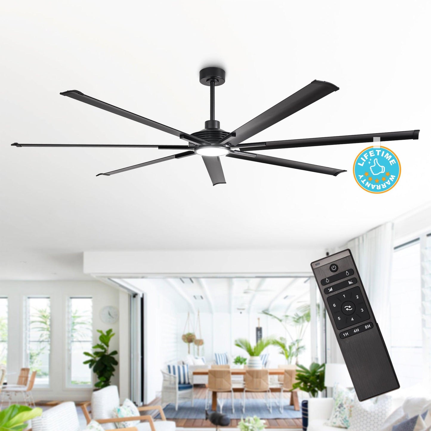 84 Inch 100 Inch Padus Black Large Size Ceiling Fan with Dimmable Lighting and Remote Control