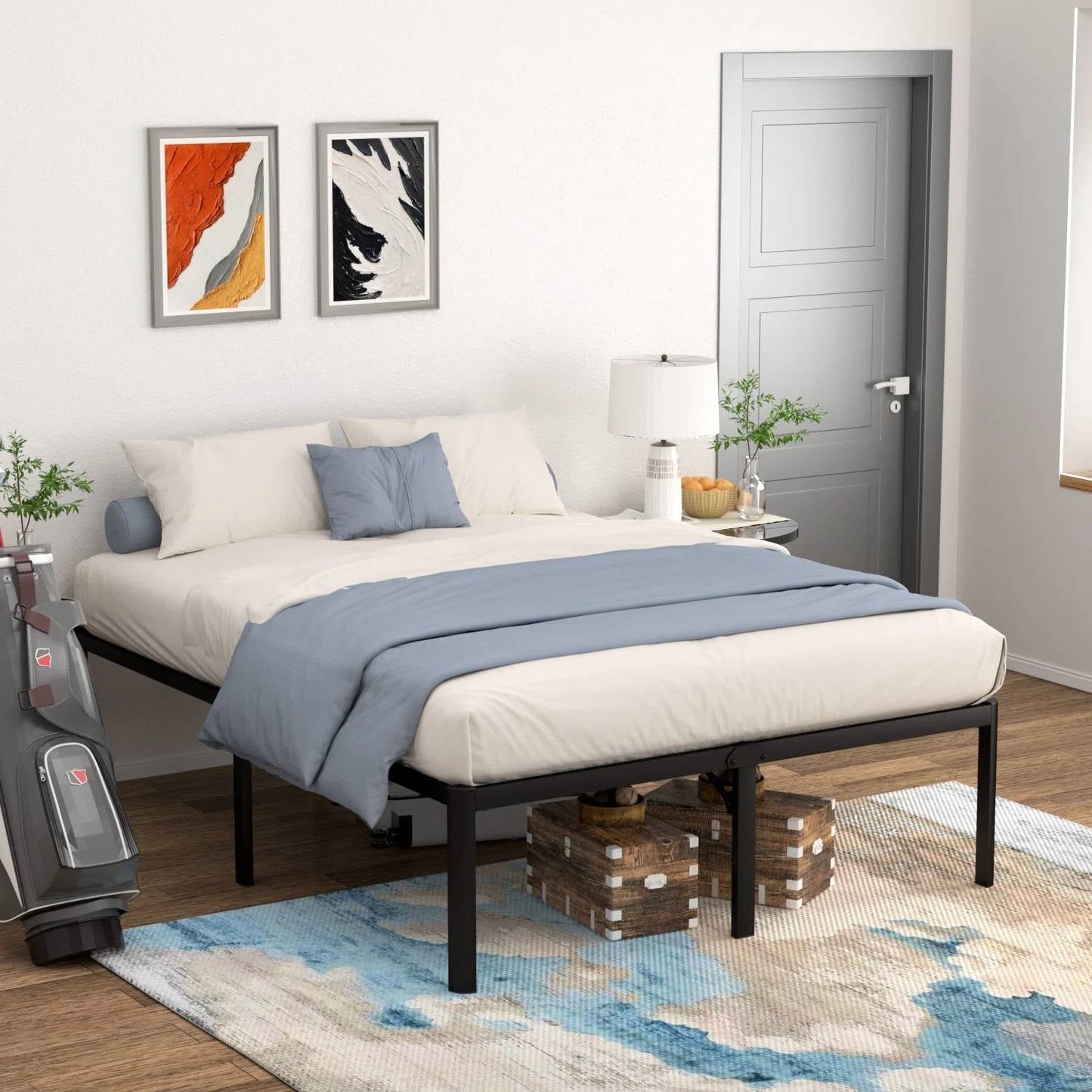 Modern bedroom with a bed, nightstands, and decor