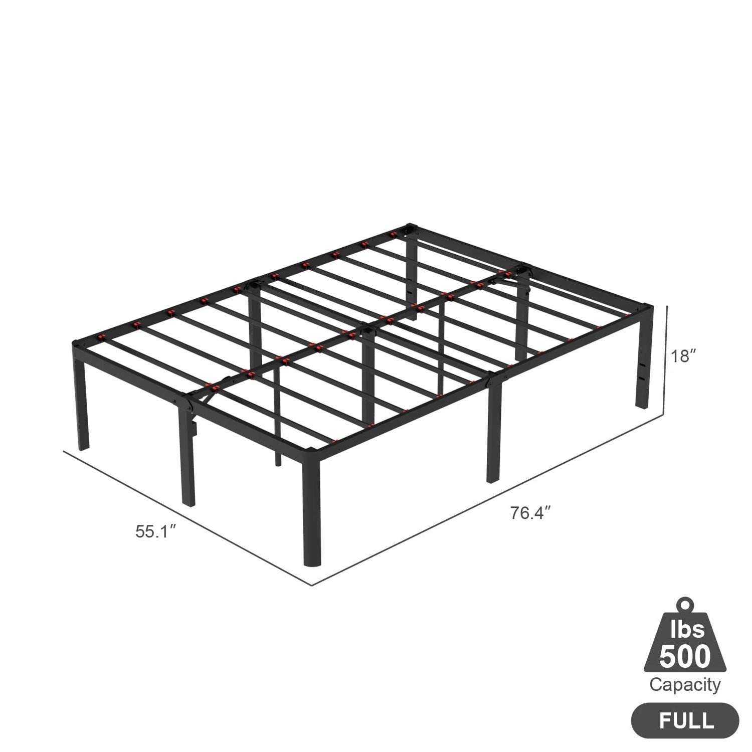 Black metal bed frame with dimensions and weight capacity on a white background