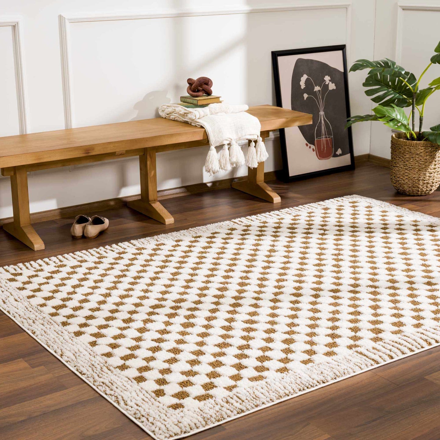 Leryn Brown & White Checkered Area Rug