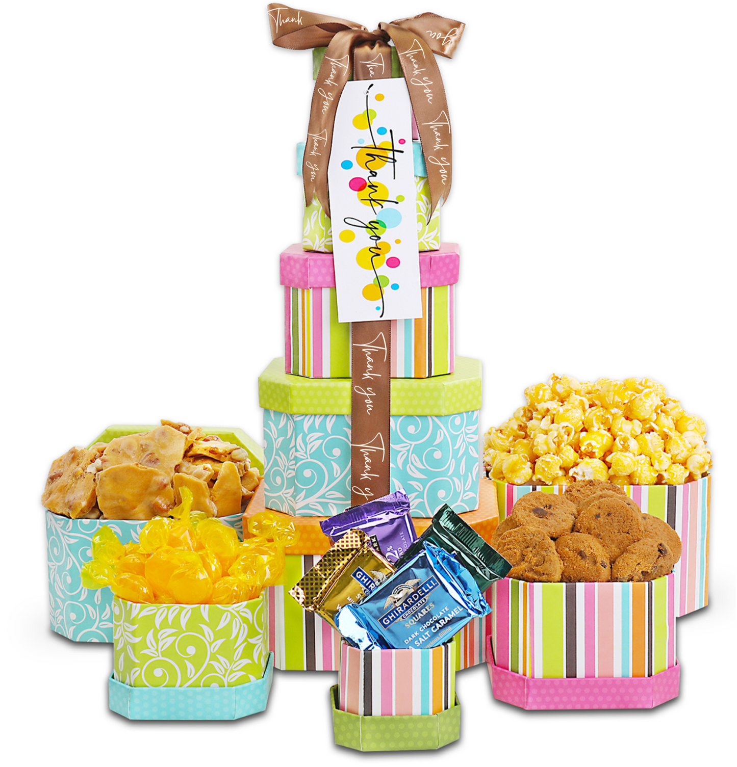 Colorful gift tower with snacks and cookies on a white background