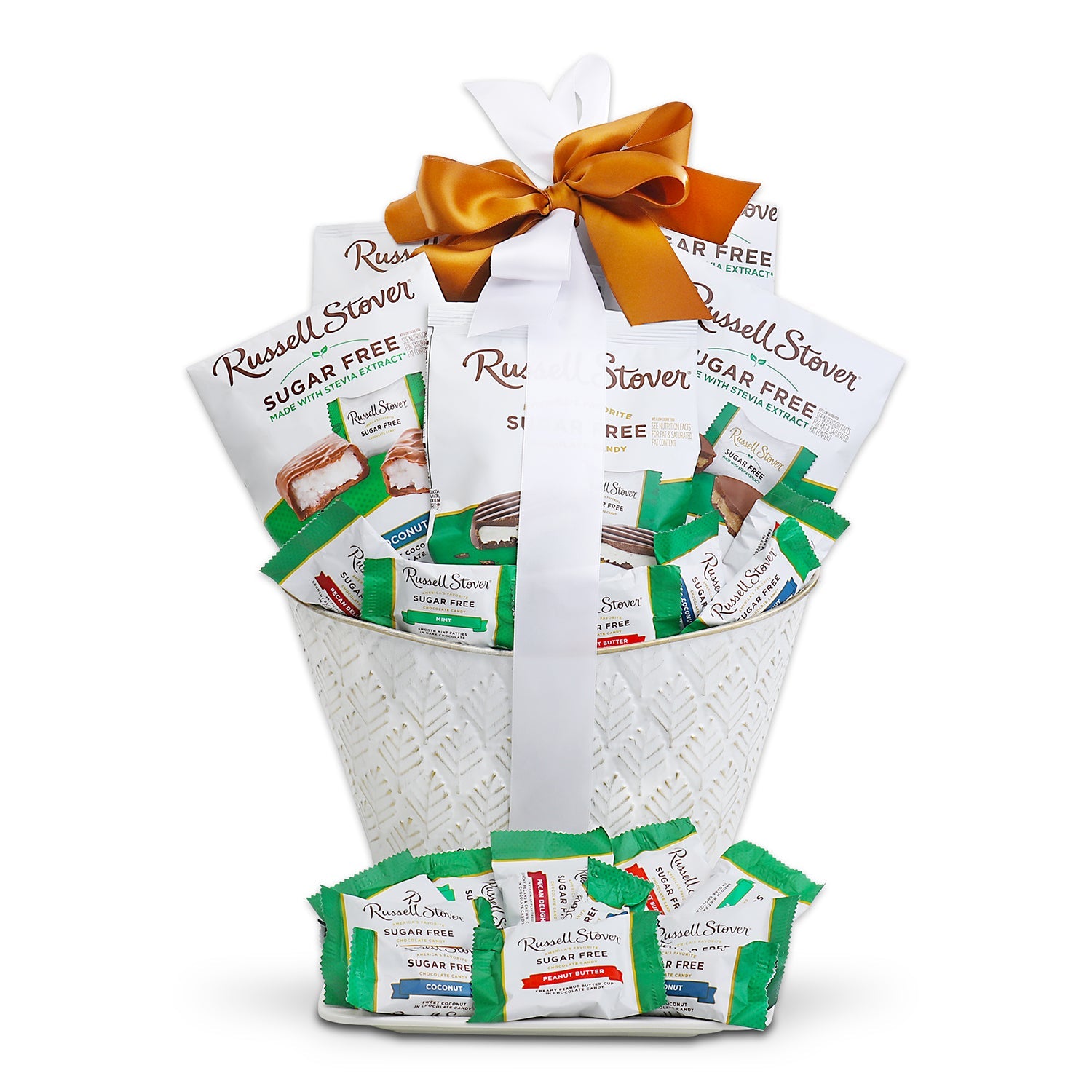 Gift basket with Russell Stover sugar-free candy bars and an orange ribbon on a white background
