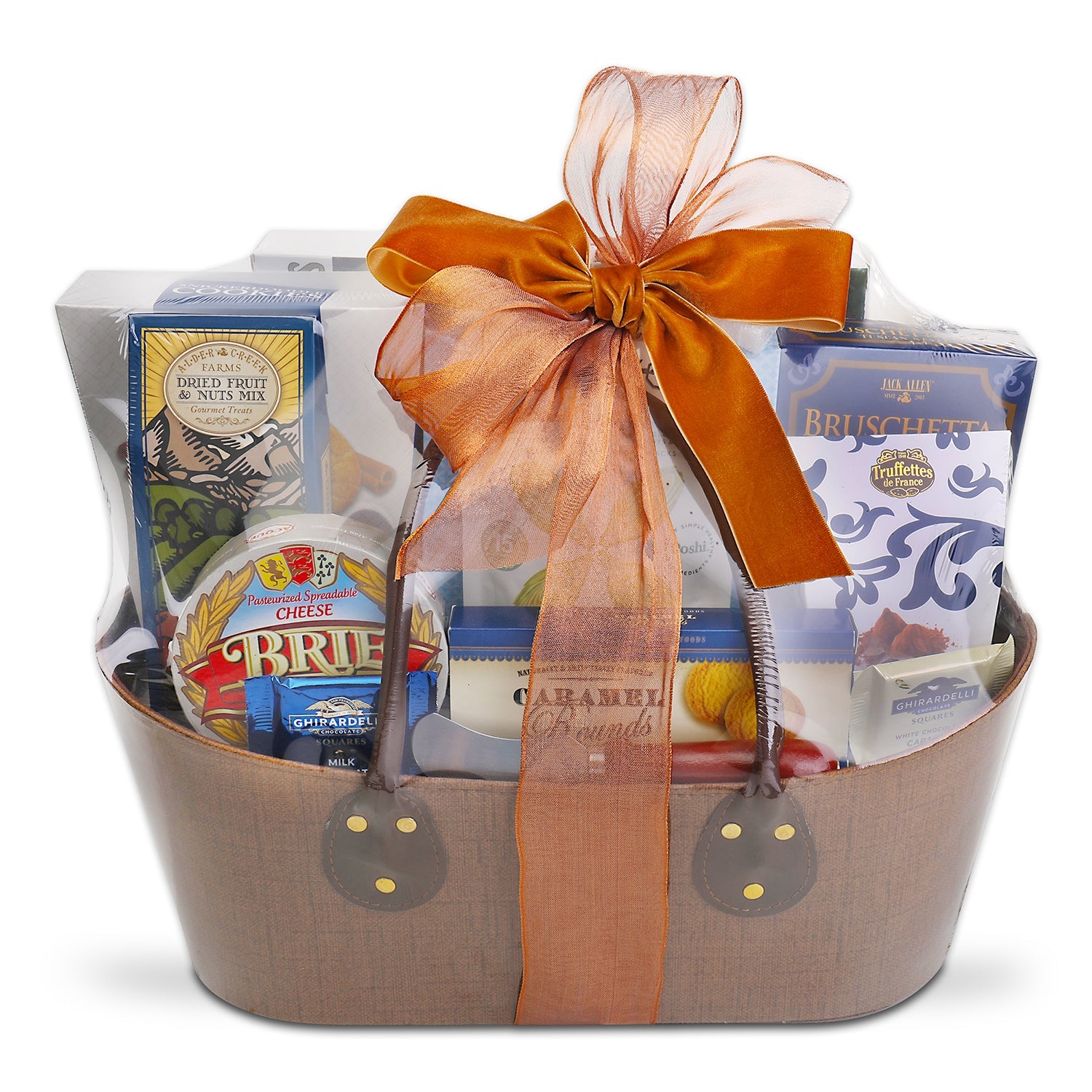 Gift basket with a brown ribbon tied in a fancy bow on a white background