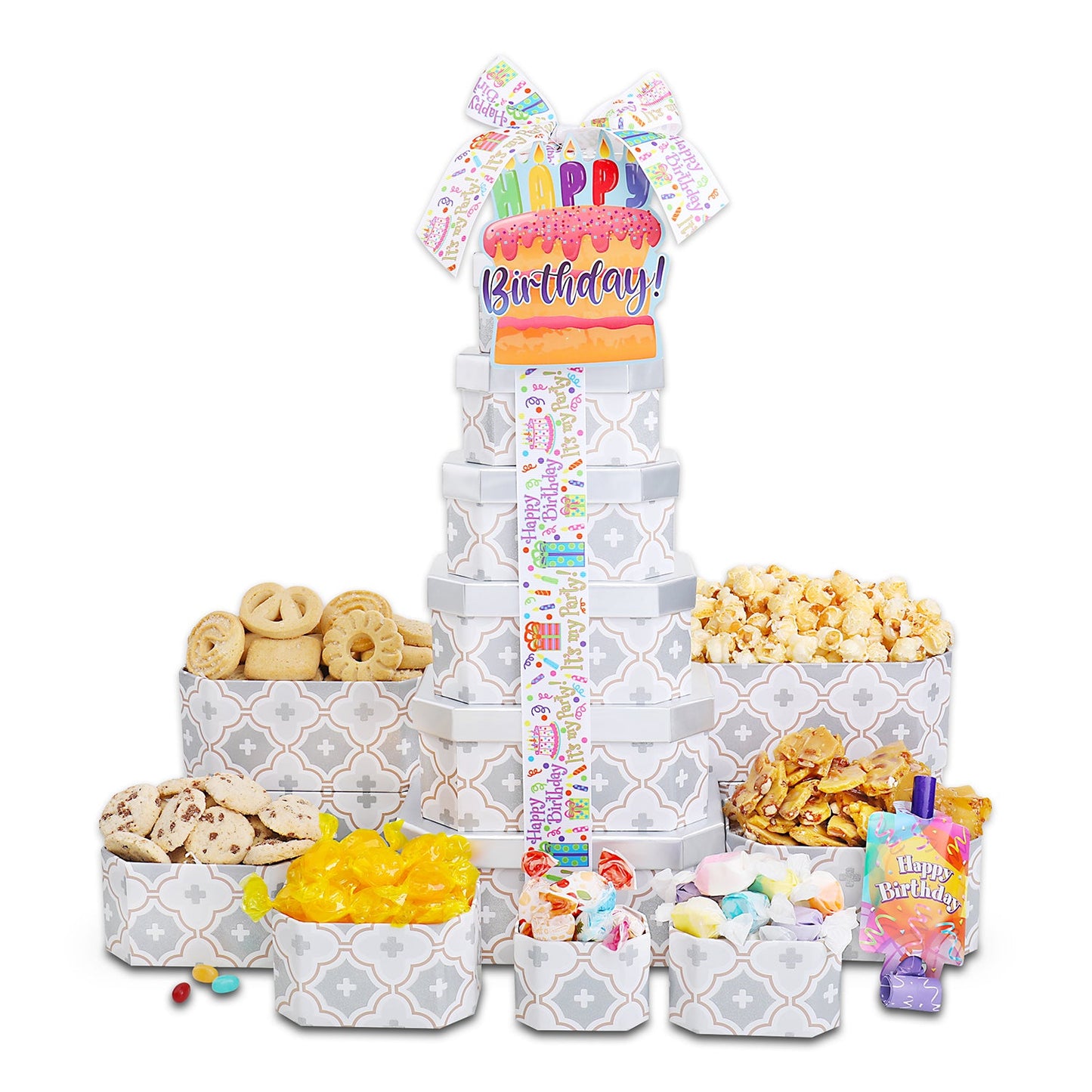 Birthday-themed snack tower with various treats on a white background