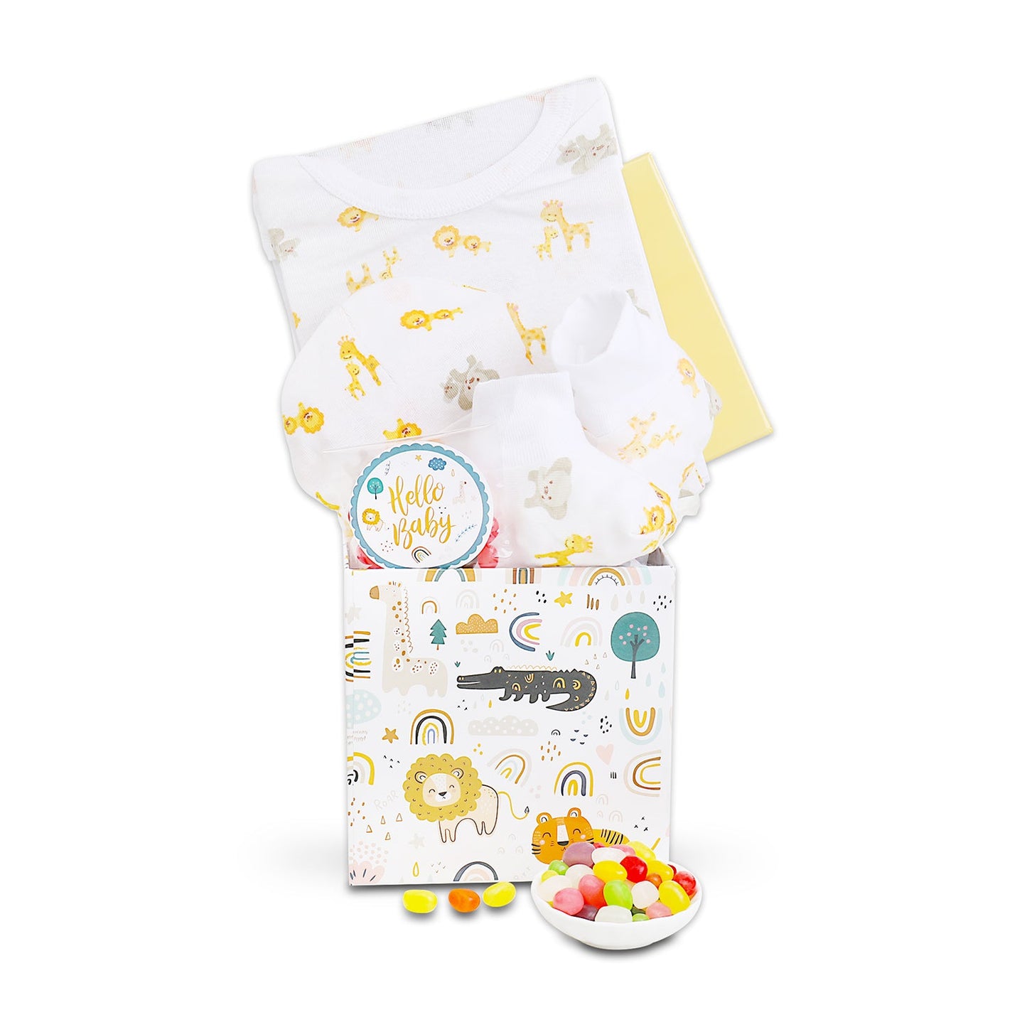 Baby gift set with animal-themed onsie, cap, and booties on a white background