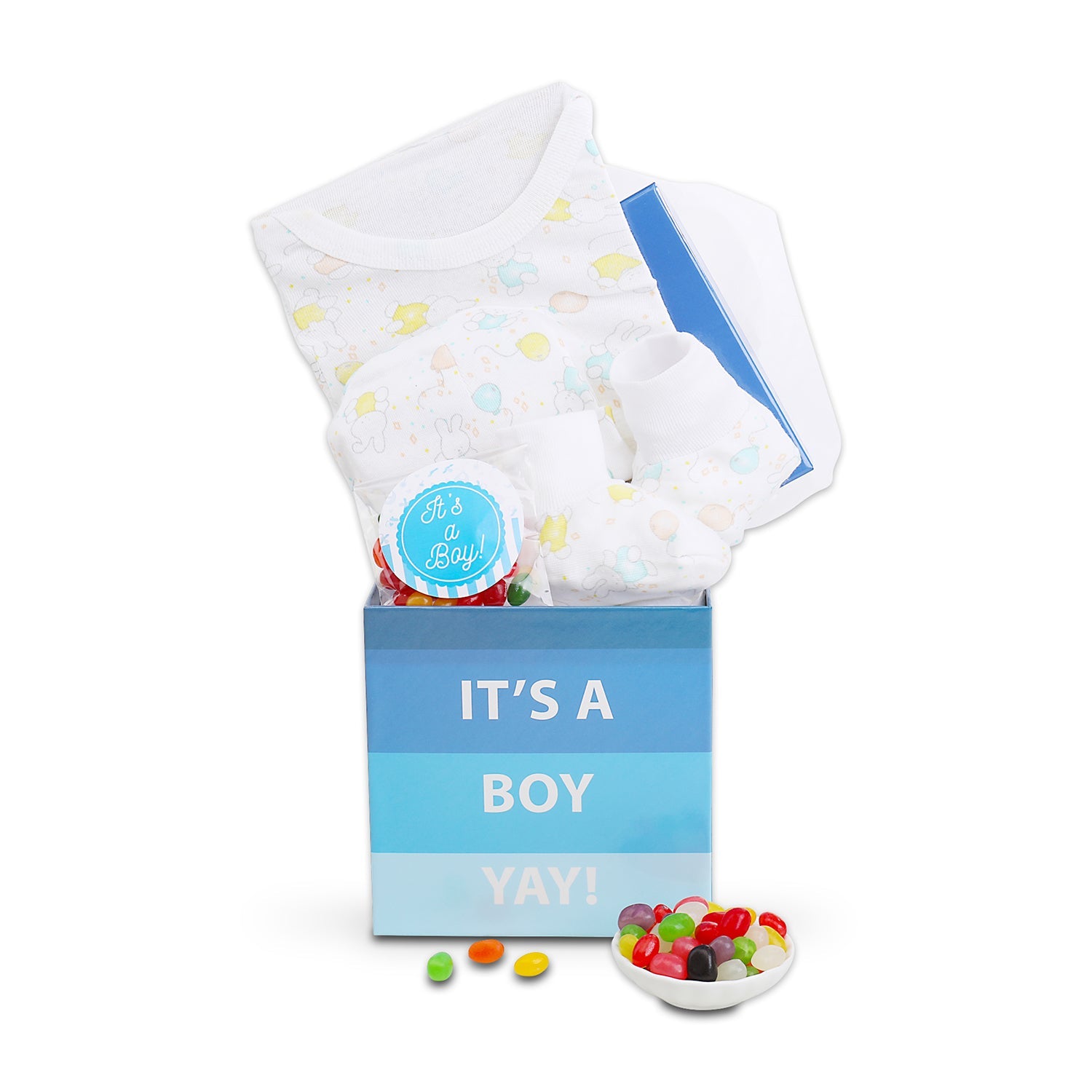 Baby shower gift set with baby socks, bib, and candy in a 'It's a Boy' box on a white background