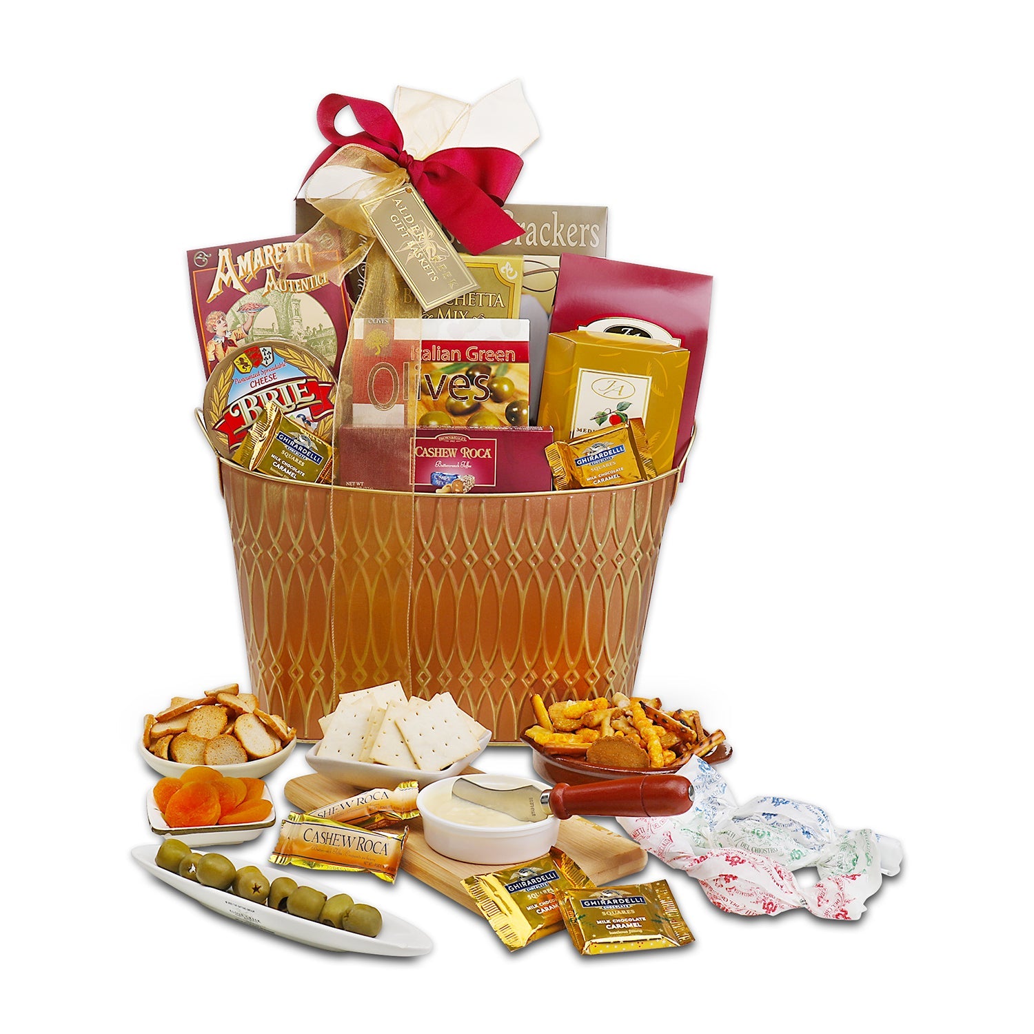 Gourmet gift basket with snacks and cheeses on a white background
