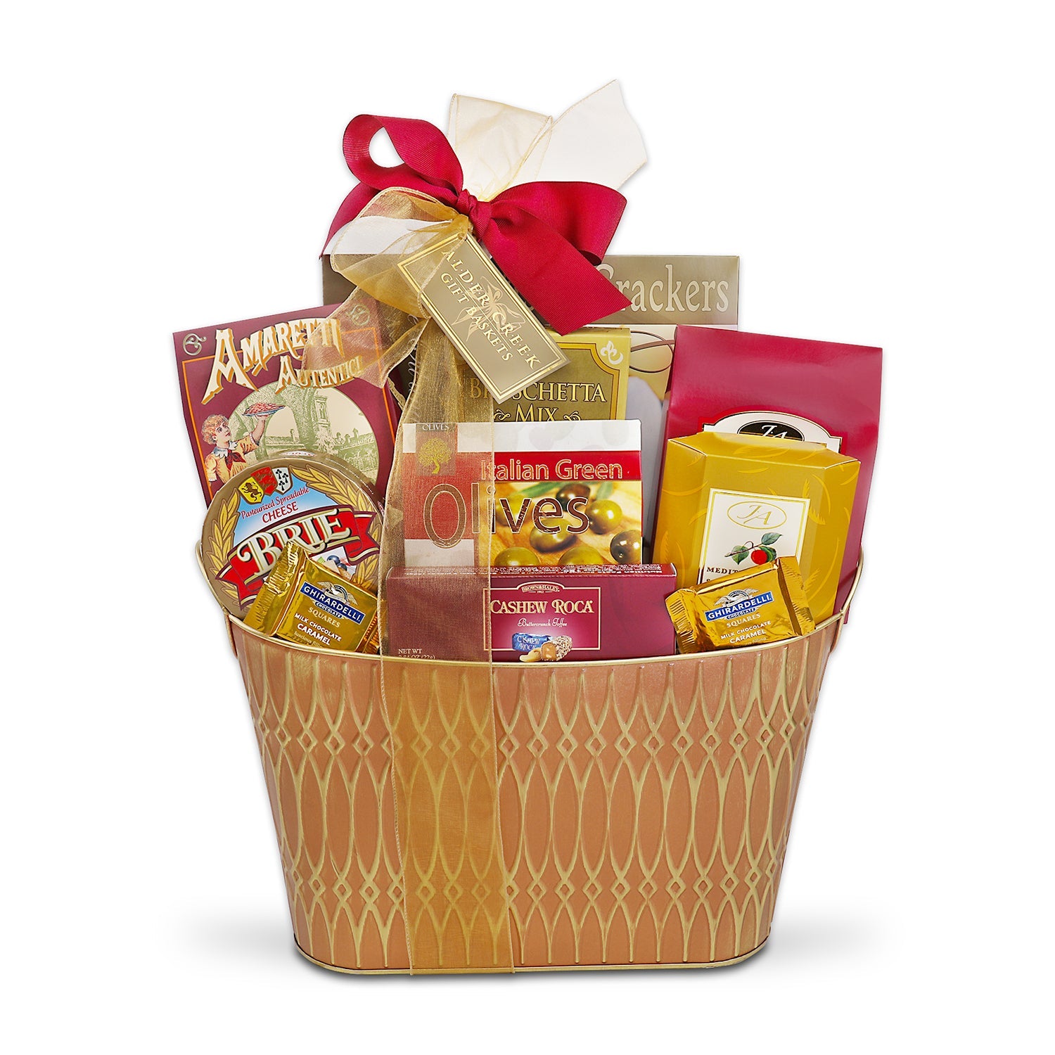 Gift basket with snacks and a decorative bow on a white background