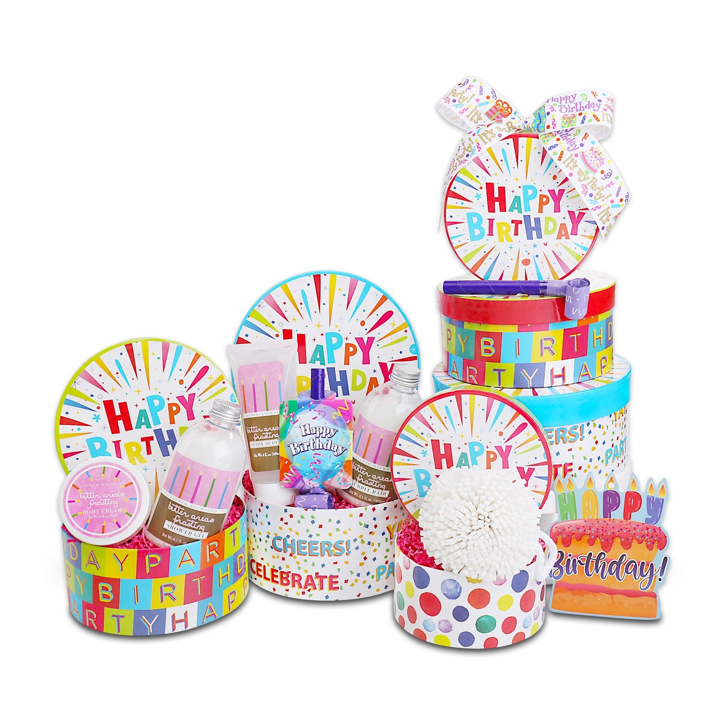 Colorful birthday-themed gift baskets including bath salts, bubble bath, and lotion on a white background.