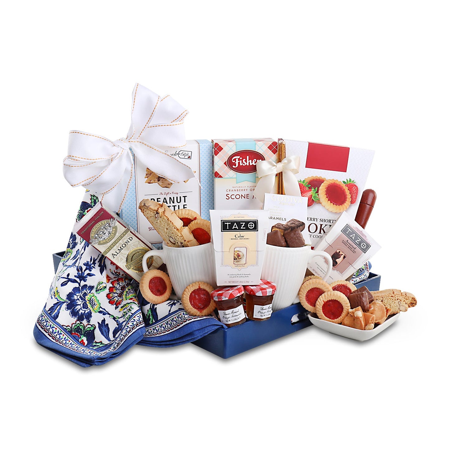 Gourmet gift basket with cookies, jams, and tea on a white background