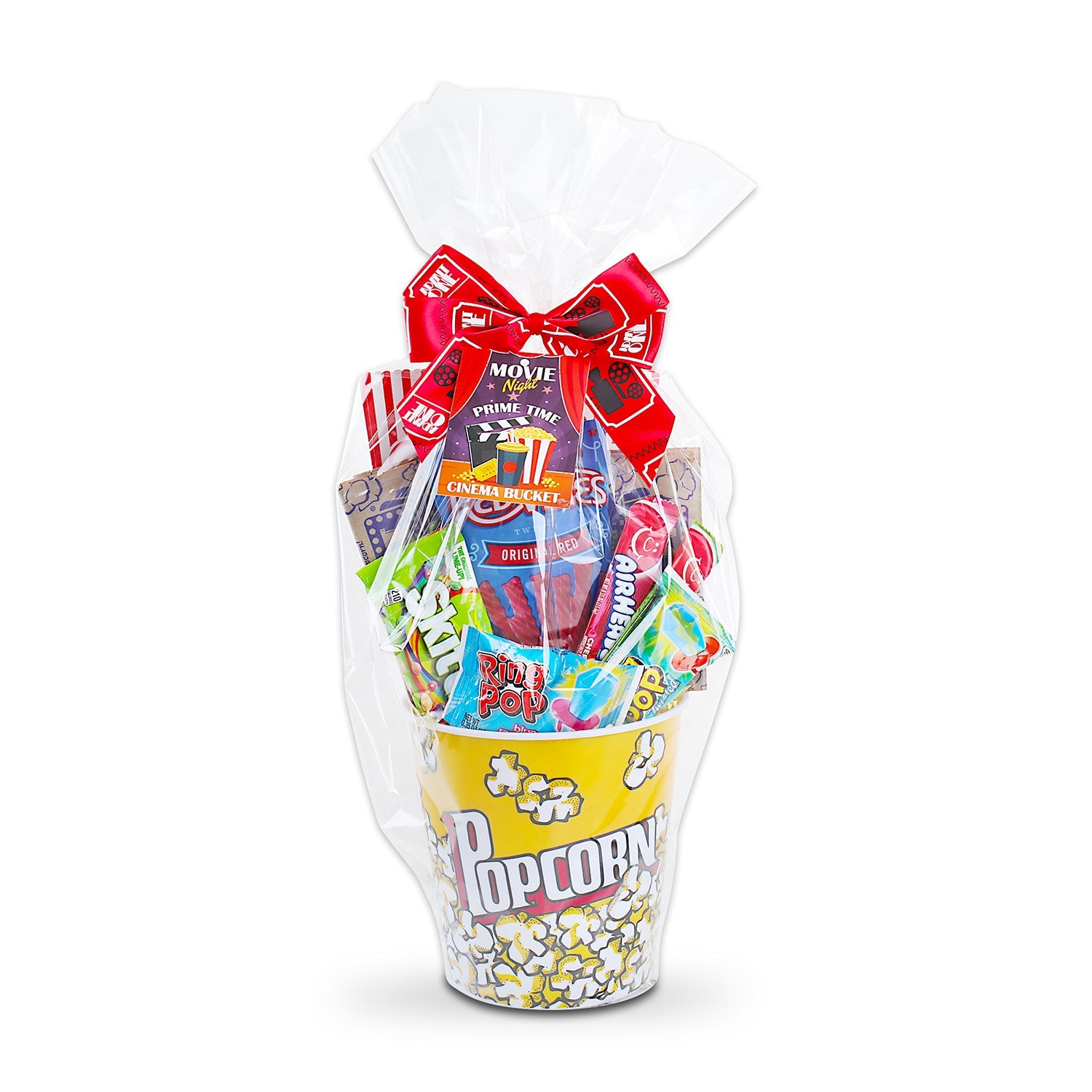 Gift basket with movie-themed items including candy and a popcorn bucket on a white background