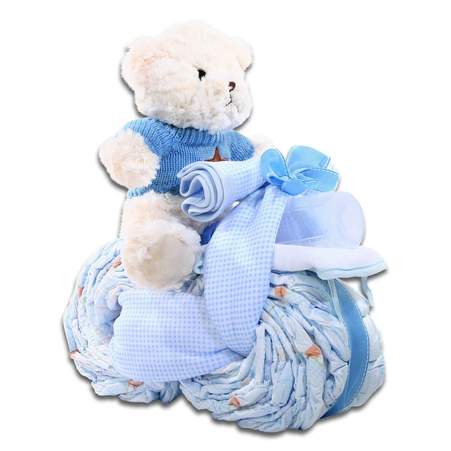 Baby gift set with teddy bear, blanket, and diapers on a white background