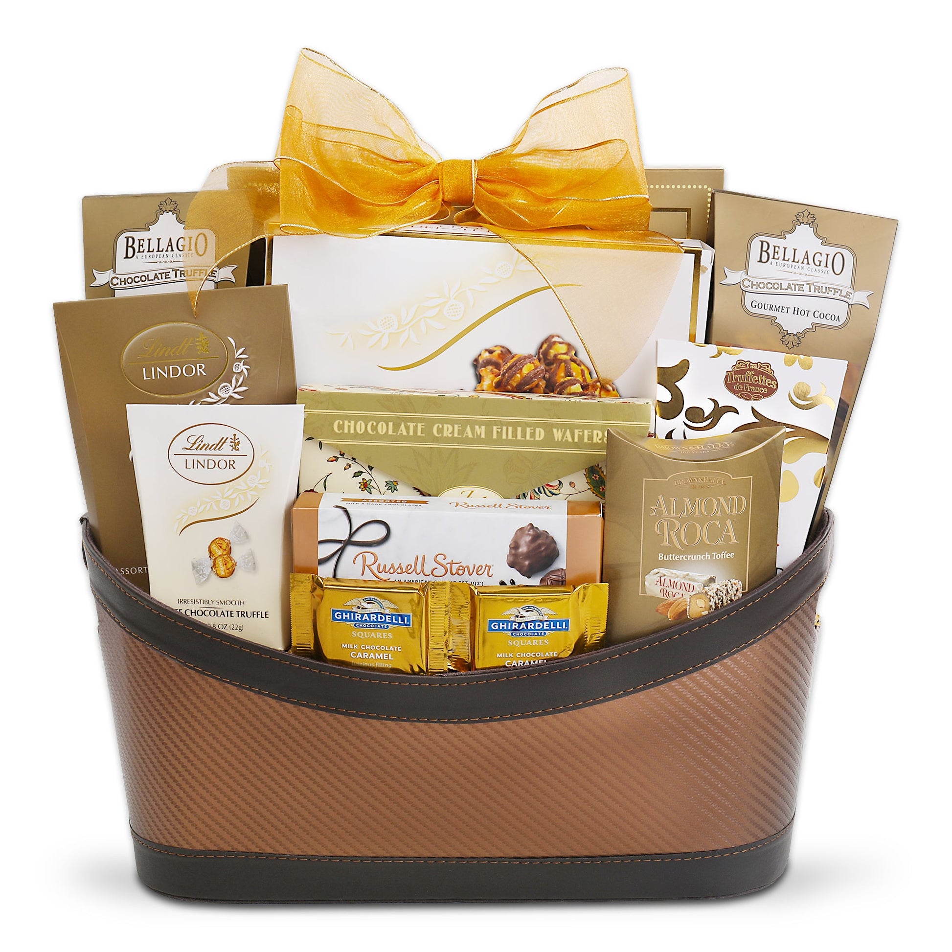 Gift basket with chocolate items and a yellow bow on a white background