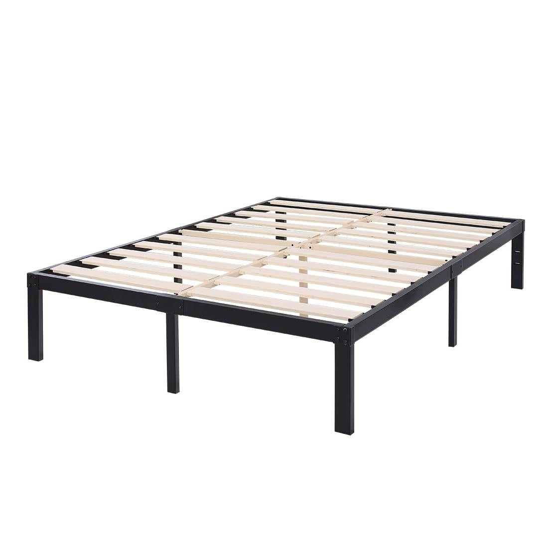 Black metal bed frame with wooden slats on a white background