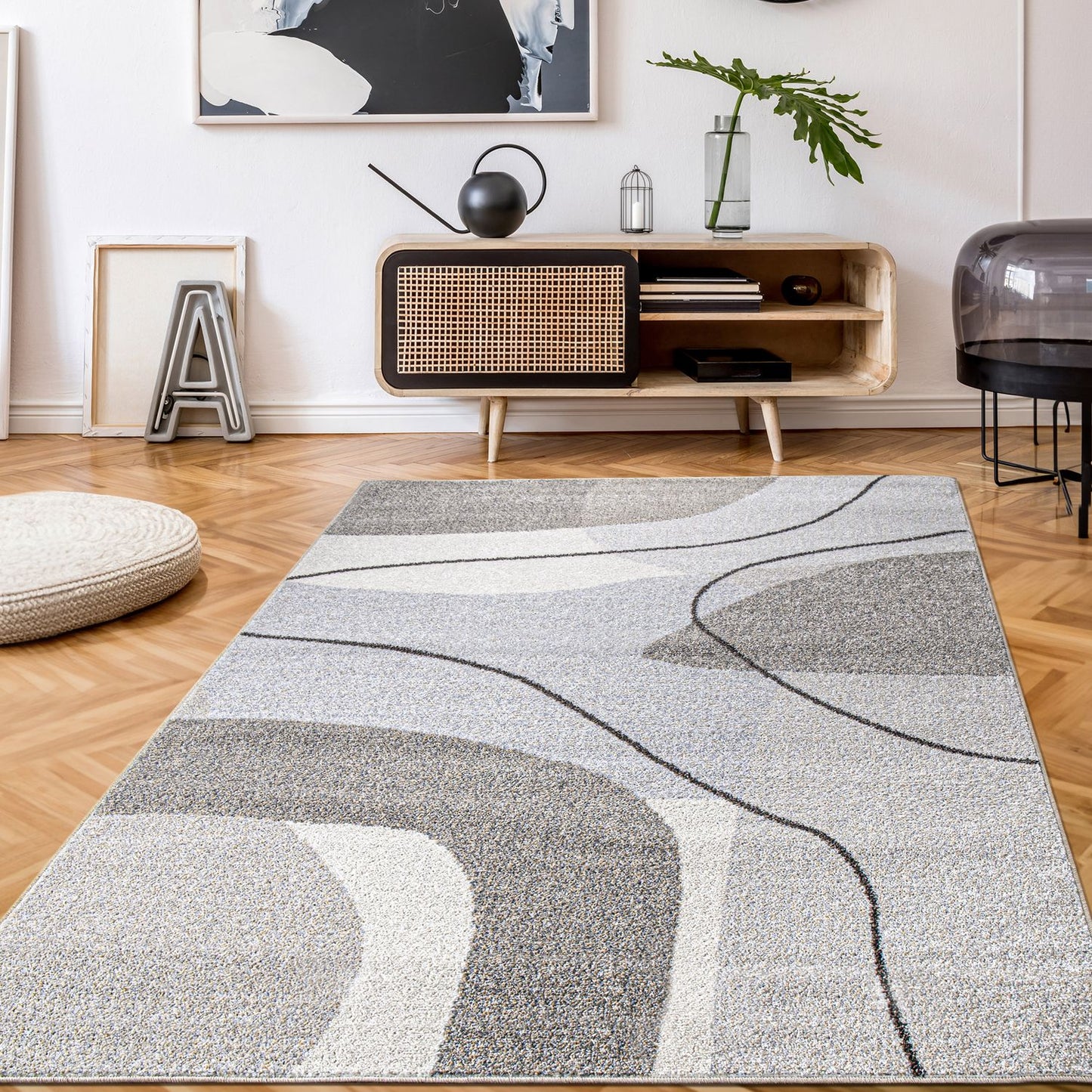 Area Rug Fiesta with Abstract Artistic Pattern in Beige and Grey