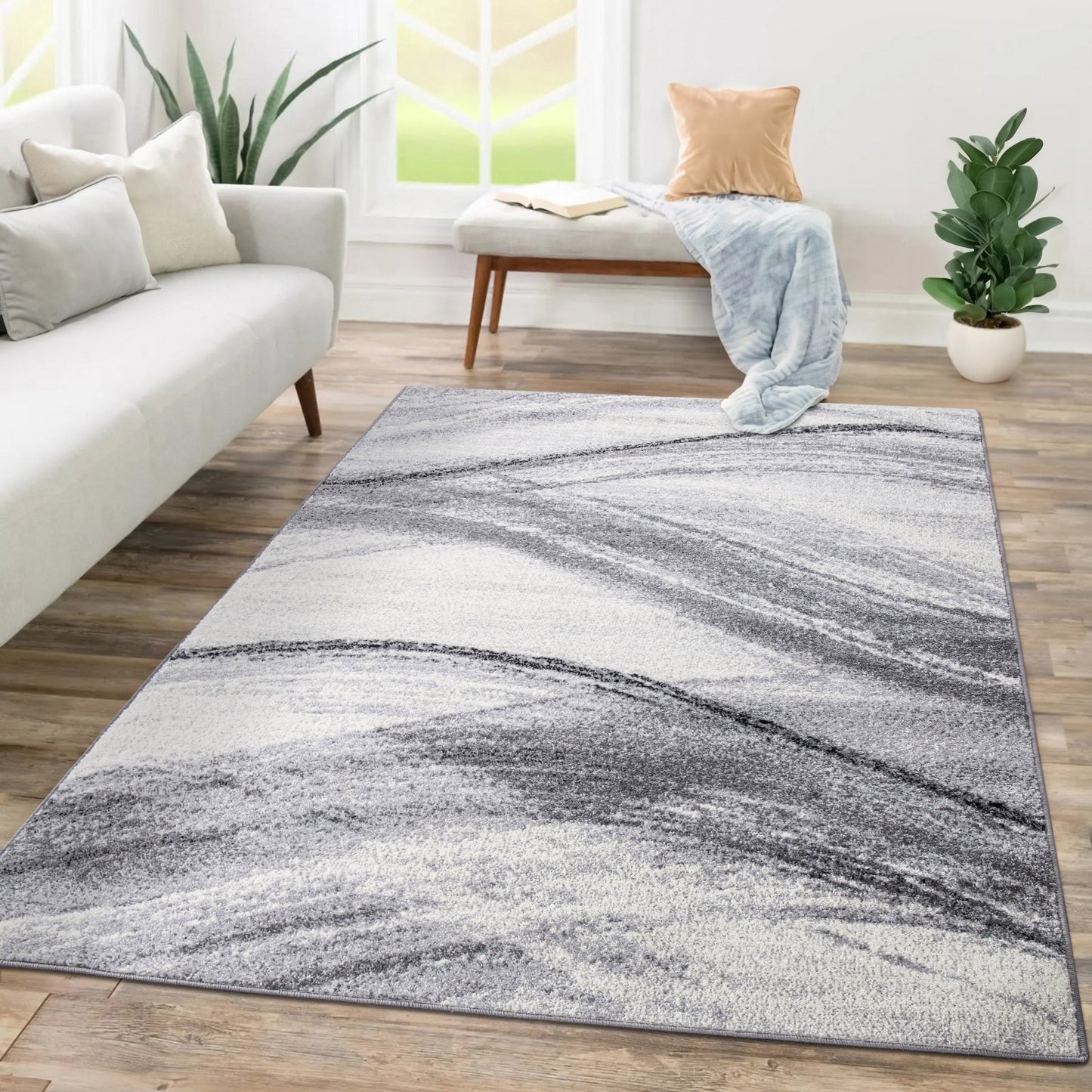 Modern Area Rug Fiesta with Artistic Waves in Grey Tones