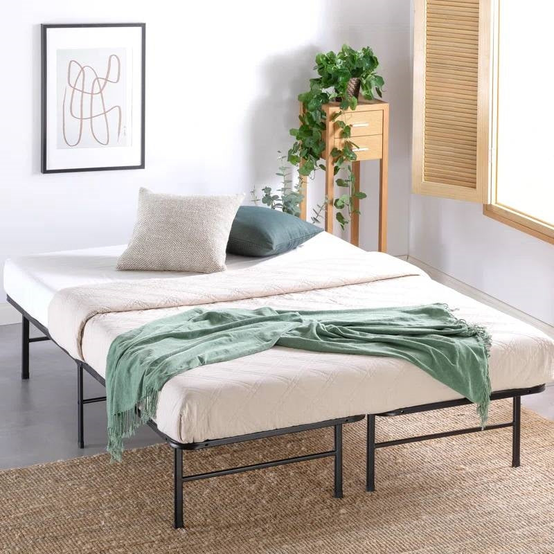 Bed with white mattress, green blanket, and pillows in a room with a plant and wall art.