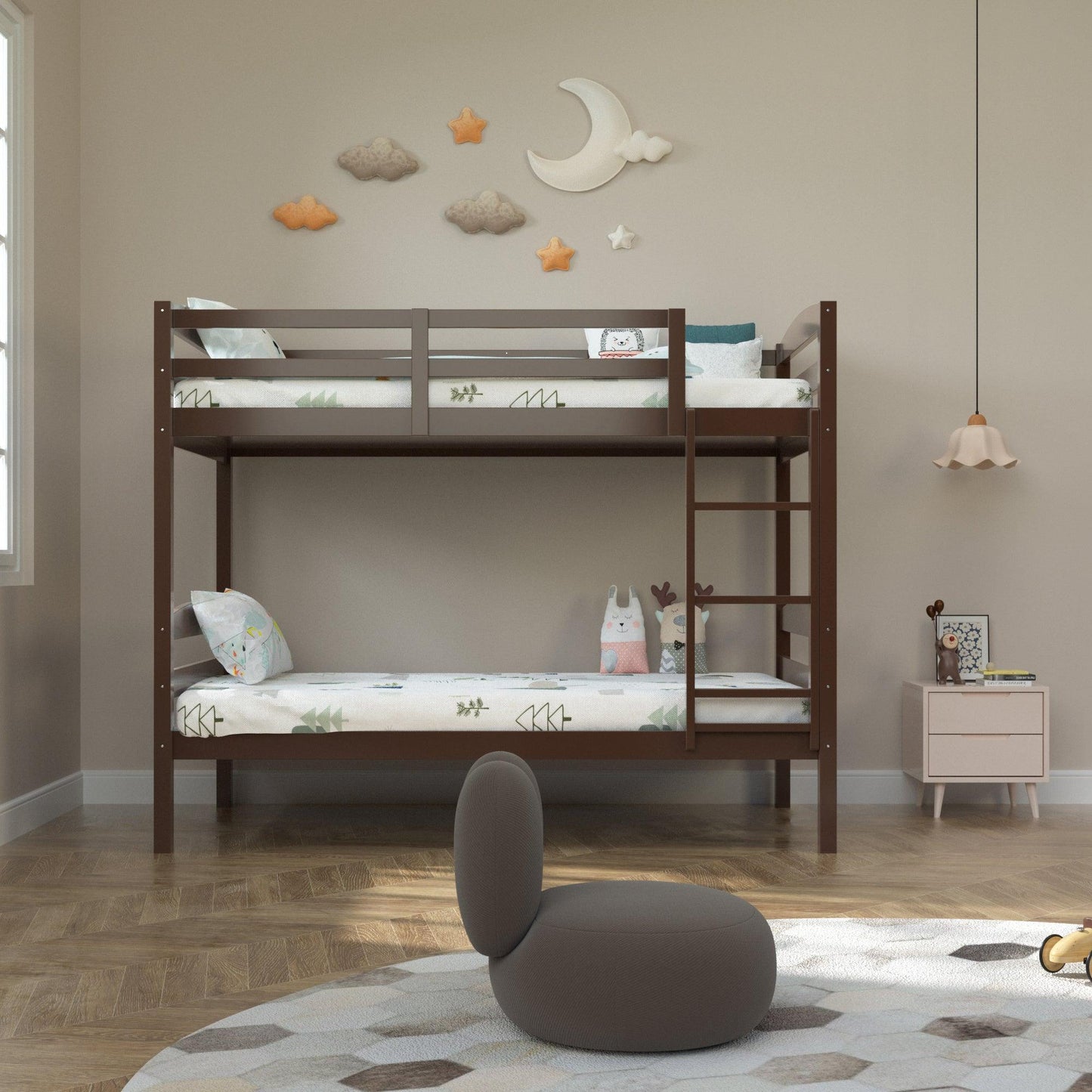 Transitional Solid Hardwood Twin over Twin Bunk Bed, Patented Insert & Lock Joint for Extra Safety for Kids