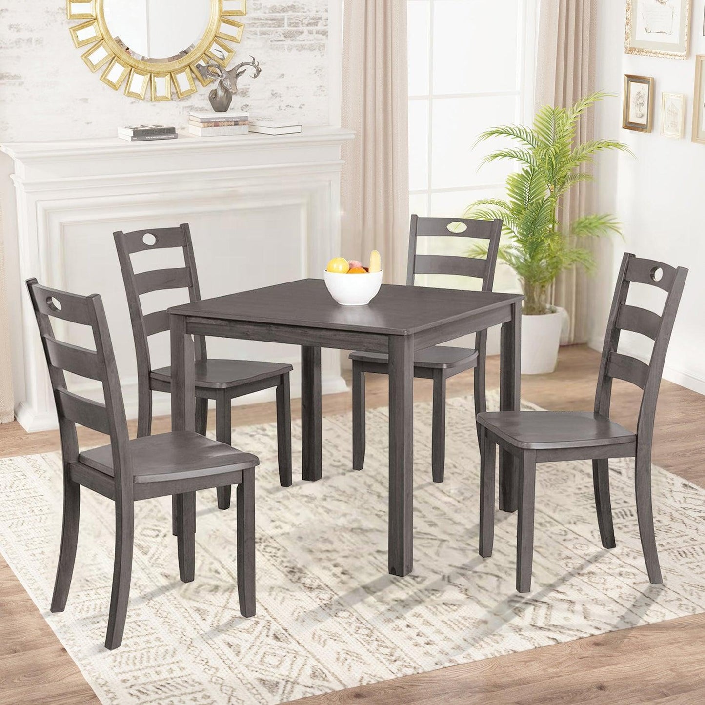 30"H Solid Rubberwood 5-Piece Dining Table Set with Slat Back Chairs