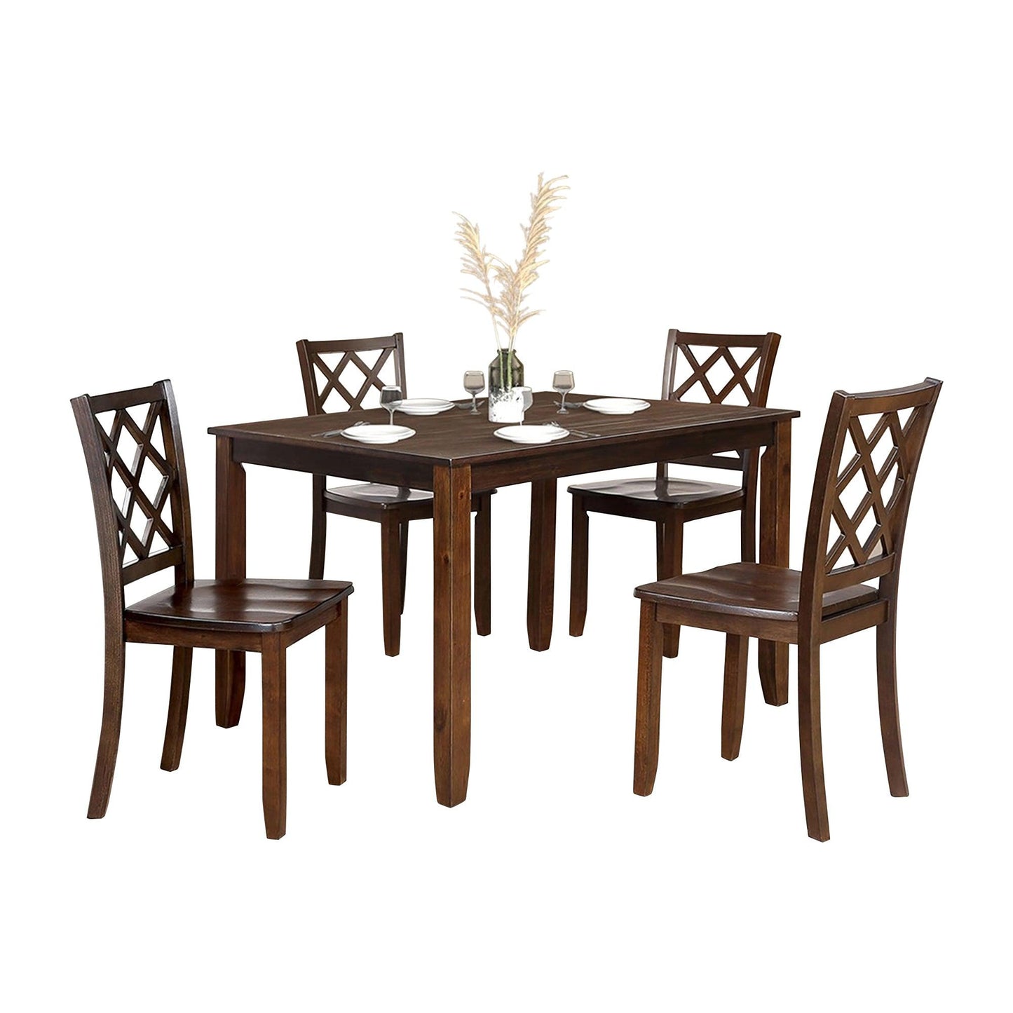 48"W Solid Rubberwood 5-Piece Dining Table Set with Diamond Chair Back