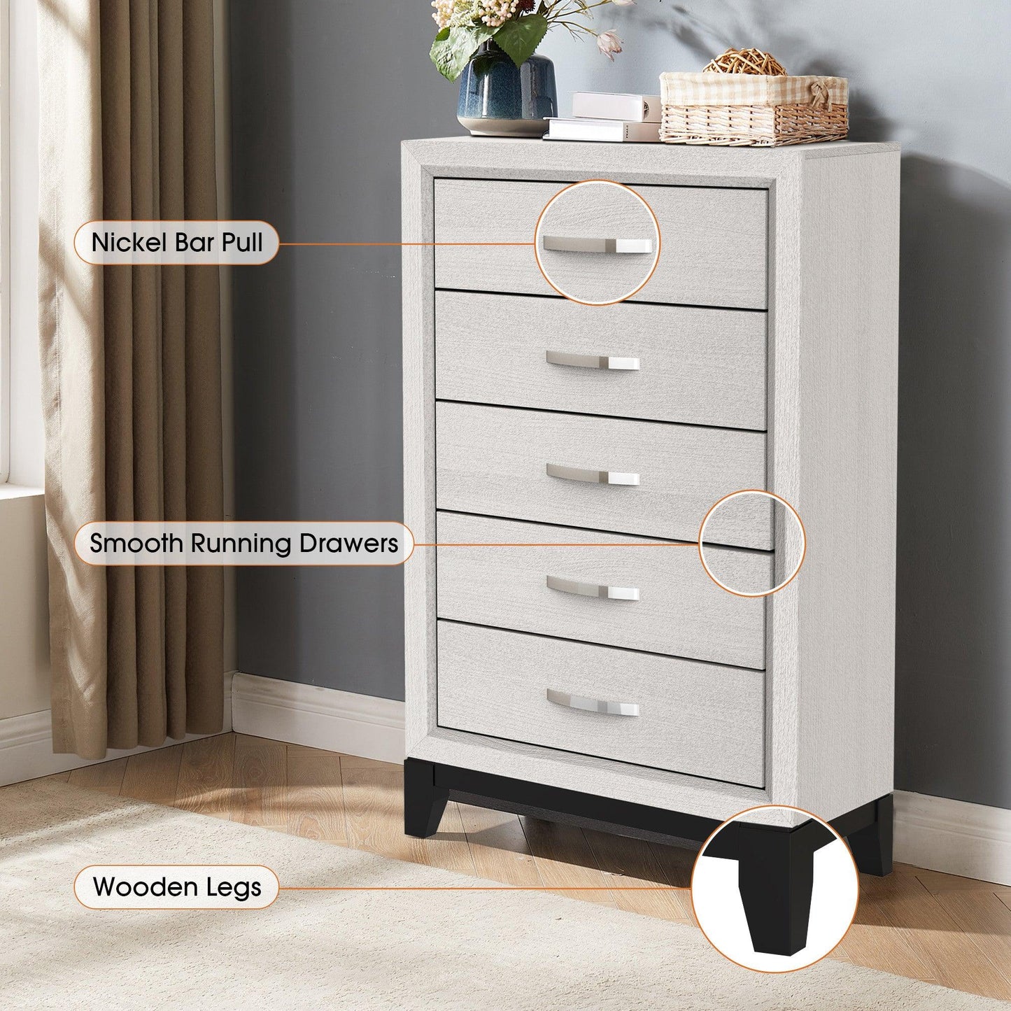 Contemporary 31" Chest with 5-Drawer for Bedroom, Livingroom