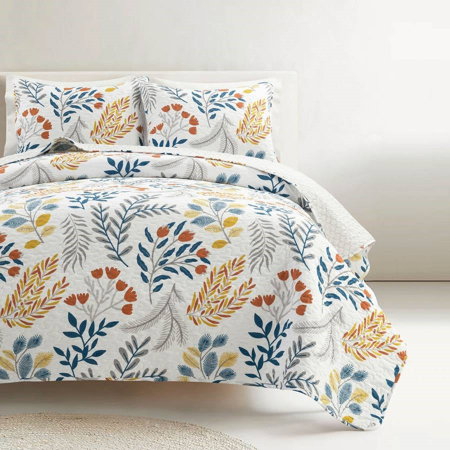 Full/Queen Botanical Bohemian Floral Lightweight 3 Piece Quilt Set