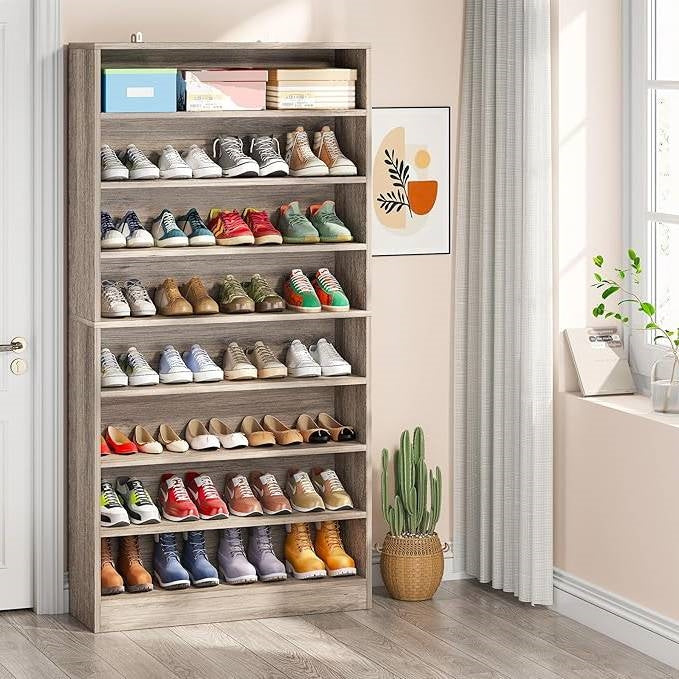 8-Shelf Shoe Rack Storage Cabinet in Grey Wood Finish - Holds Up To 45 Pairs