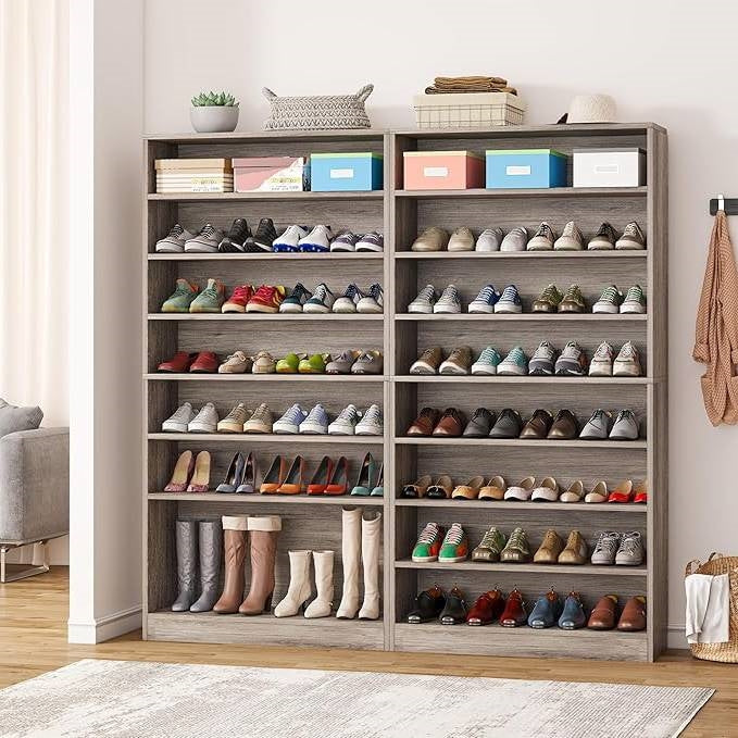 8-Shelf Shoe Rack Storage Cabinet in Grey Wood Finish - Holds Up To 45 Pairs