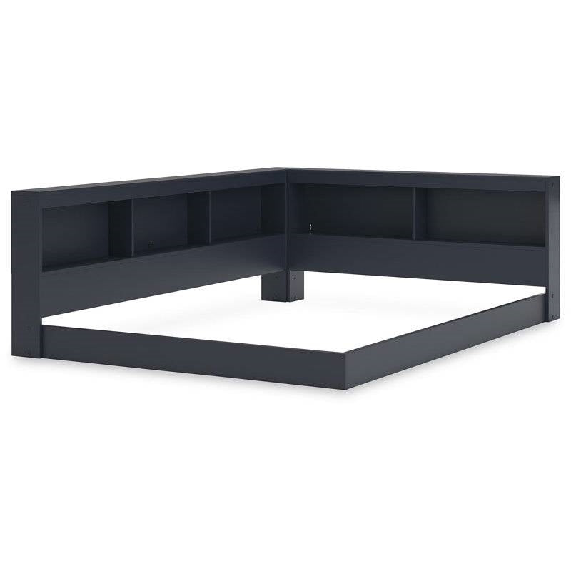 Full size Blue Wooden Corner Storage Bed with Bookcase Headboard and USB Ports